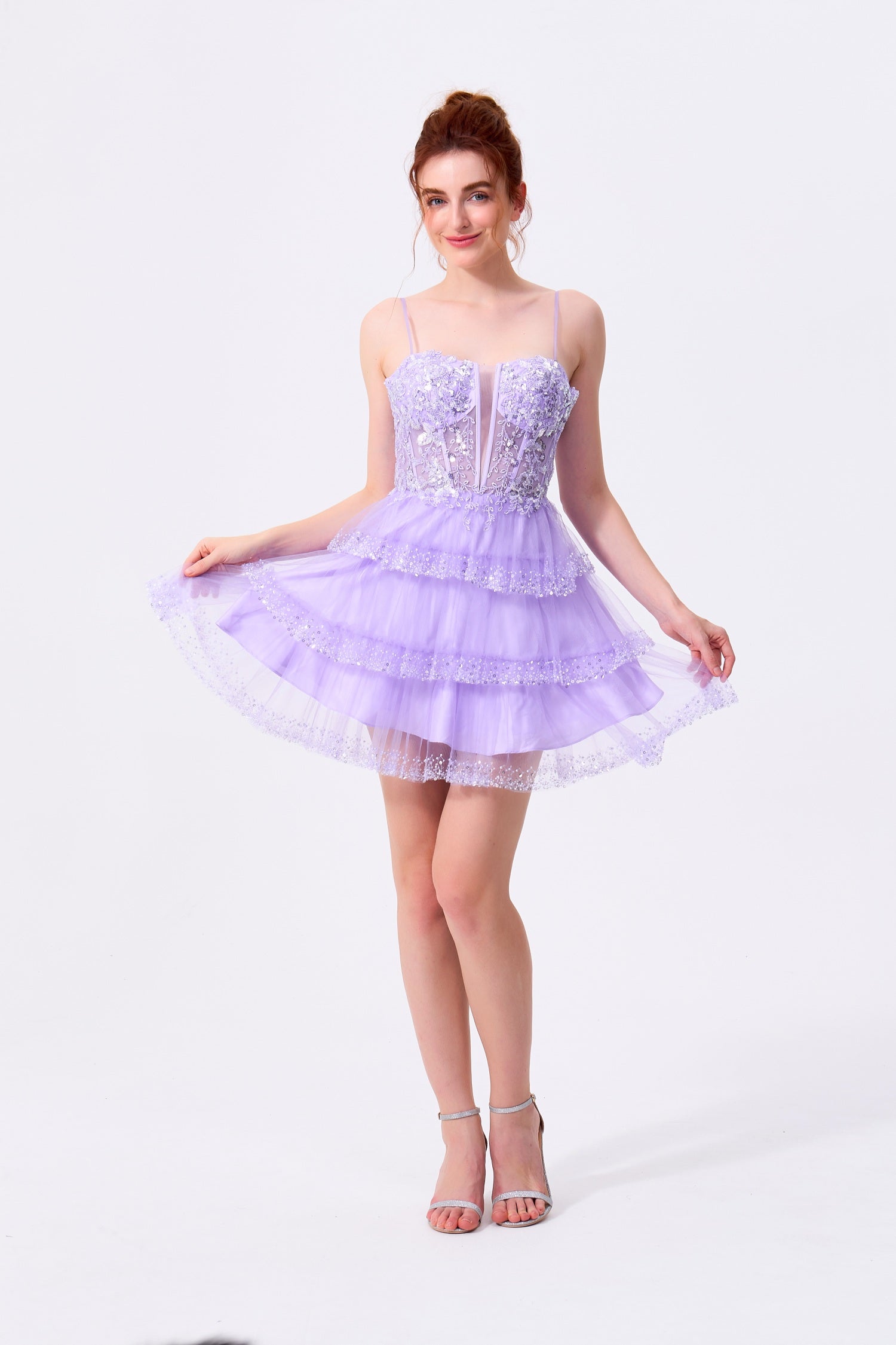 Lavender Tulle & Lace A-Line Sweetheart Lace-Up Back Mini Dress - Almudear