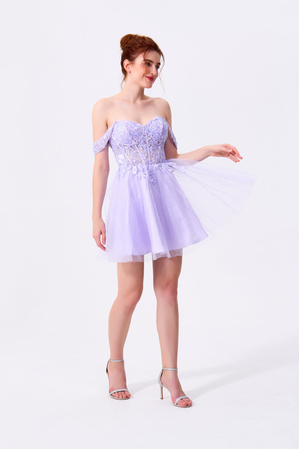 Lilac Tulle and Lace A-Line Sweetheart Lace-Up Back Mini Dress Front View - Almudear