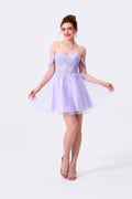 Lilac Tulle and Lace A-Line Sweetheart Lace-Up Back Mini Dress - Almudear