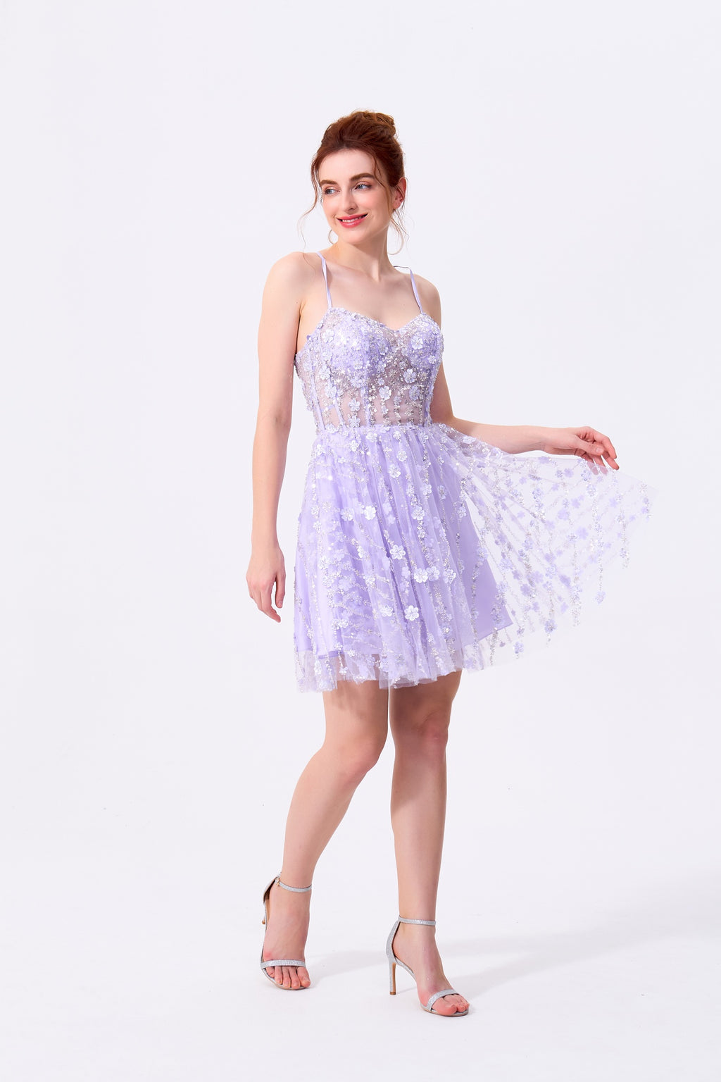 Lilac Tulle & Lace A-Line Sweetheart Lace-Up Back Above Knee Dress Front View - Almudear