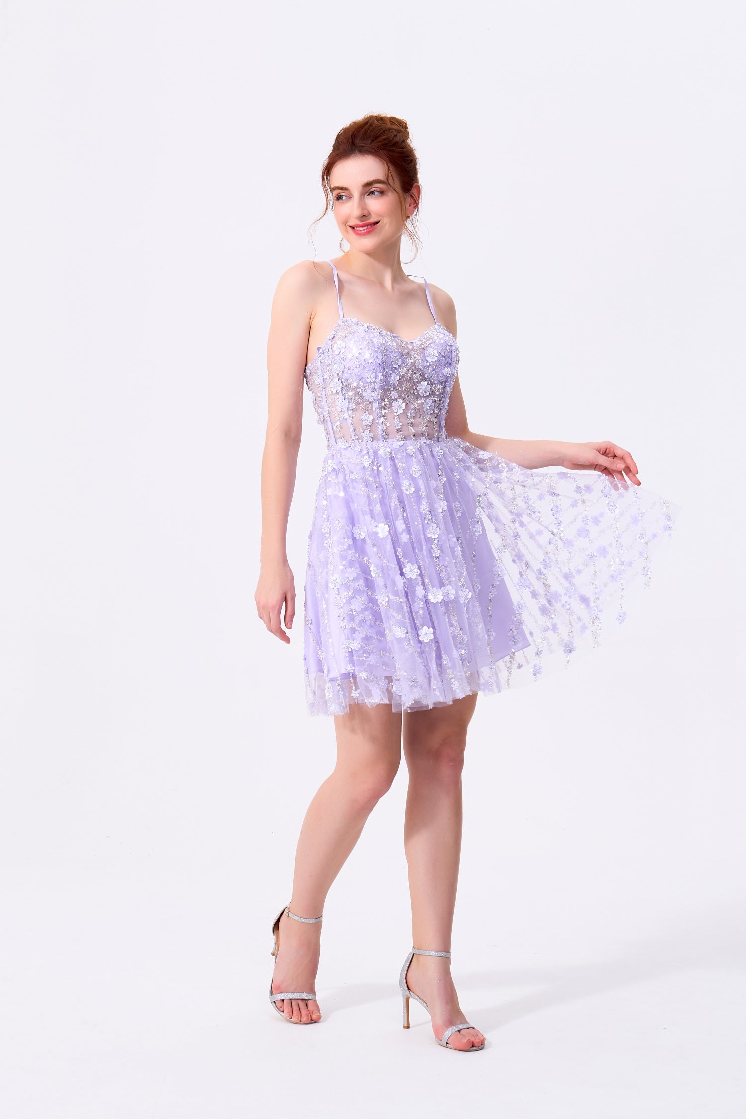 Lilac Tulle & Lace A-Line Sweetheart Lace-Up Back Above Knee Dress Front View - Almudear