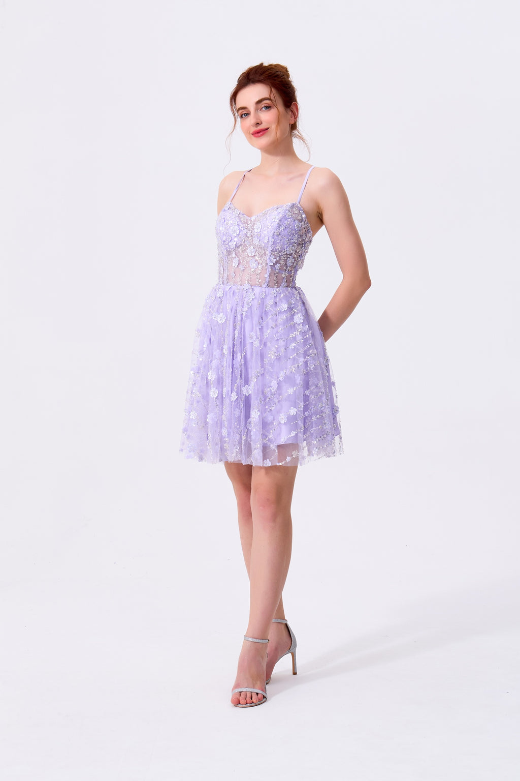 Lilac Tulle & Lace A-Line Sweetheart Lace-Up Back Above Knee Dress - Almudear