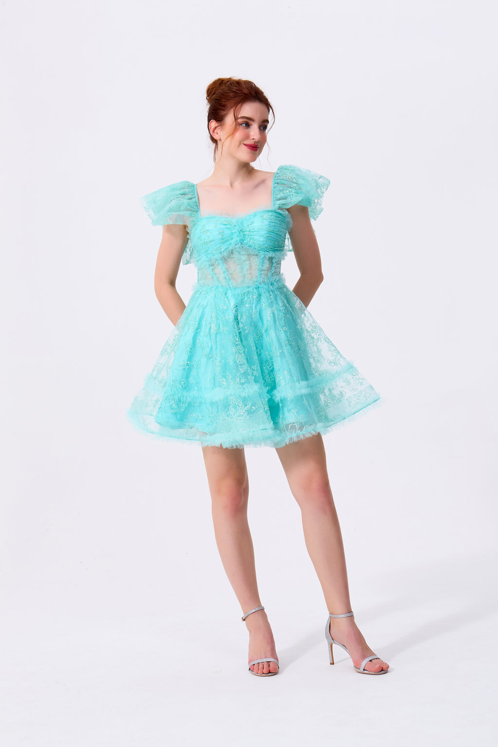 Mint Green Glitter Lace and Tulle A-Line Square Neck Open Back Above Knee Dress Front View - Almudear