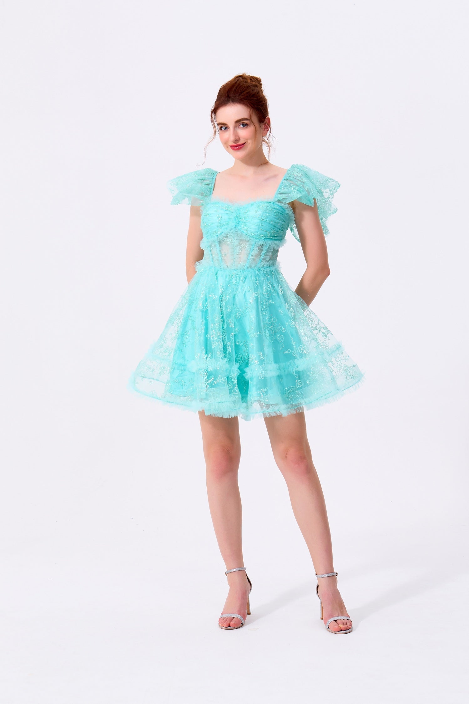 Mint Green Glitter Lace and Tulle A-Line Square Neck Open Back Above Knee Dress - Almudear