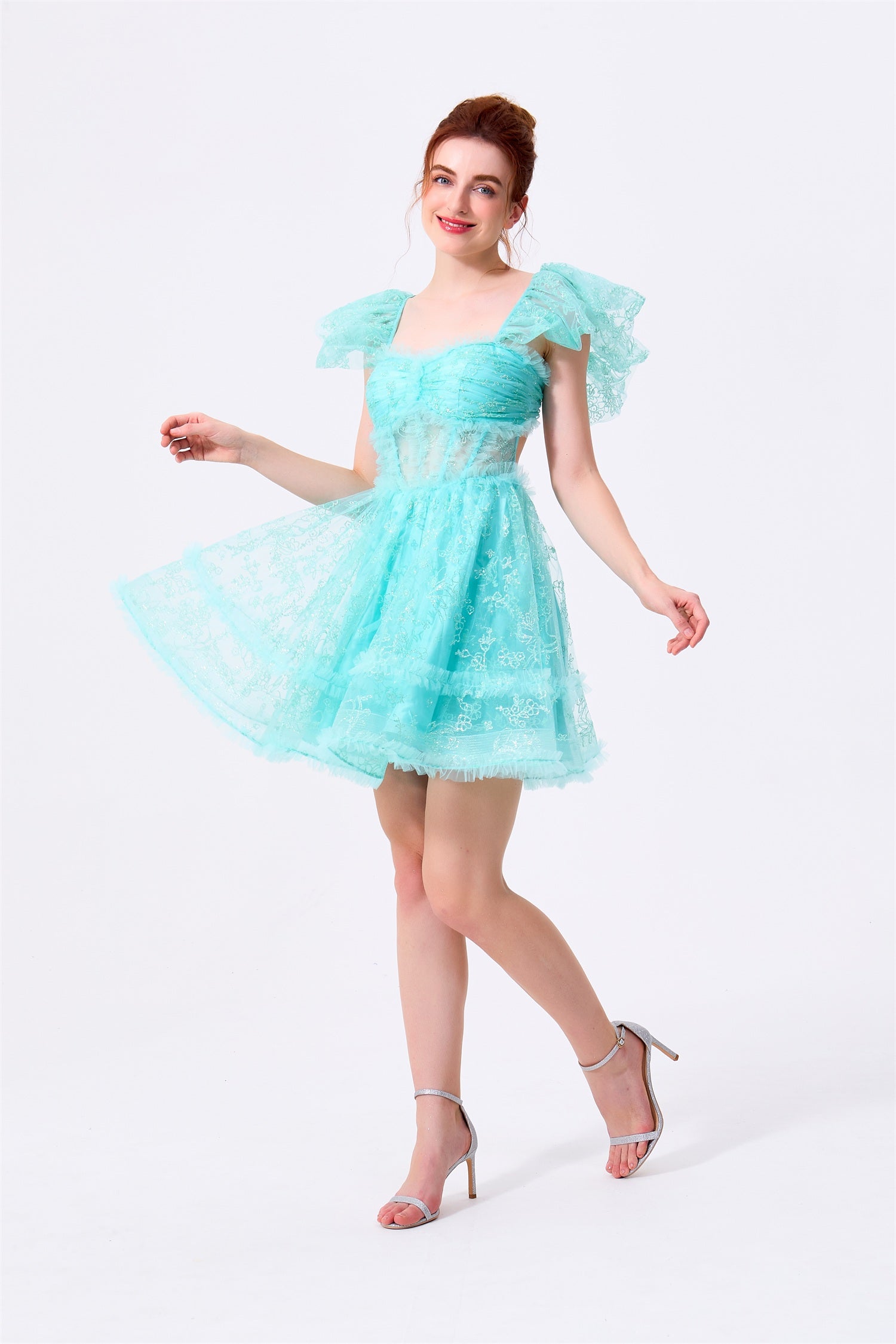 Mint Green Glitter Lace and Tulle A-Line Square Neck Open Back Above Knee Dress - Almudear