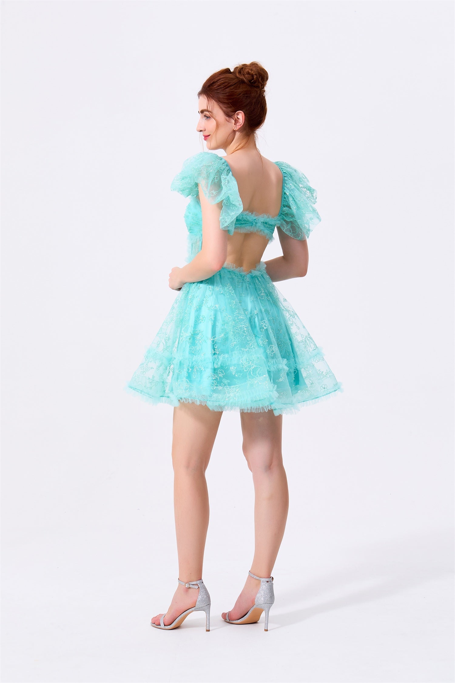 Mint Green Glitter Lace and Tulle A-Line Square Neck Open Back Above Knee Dress - Almudear