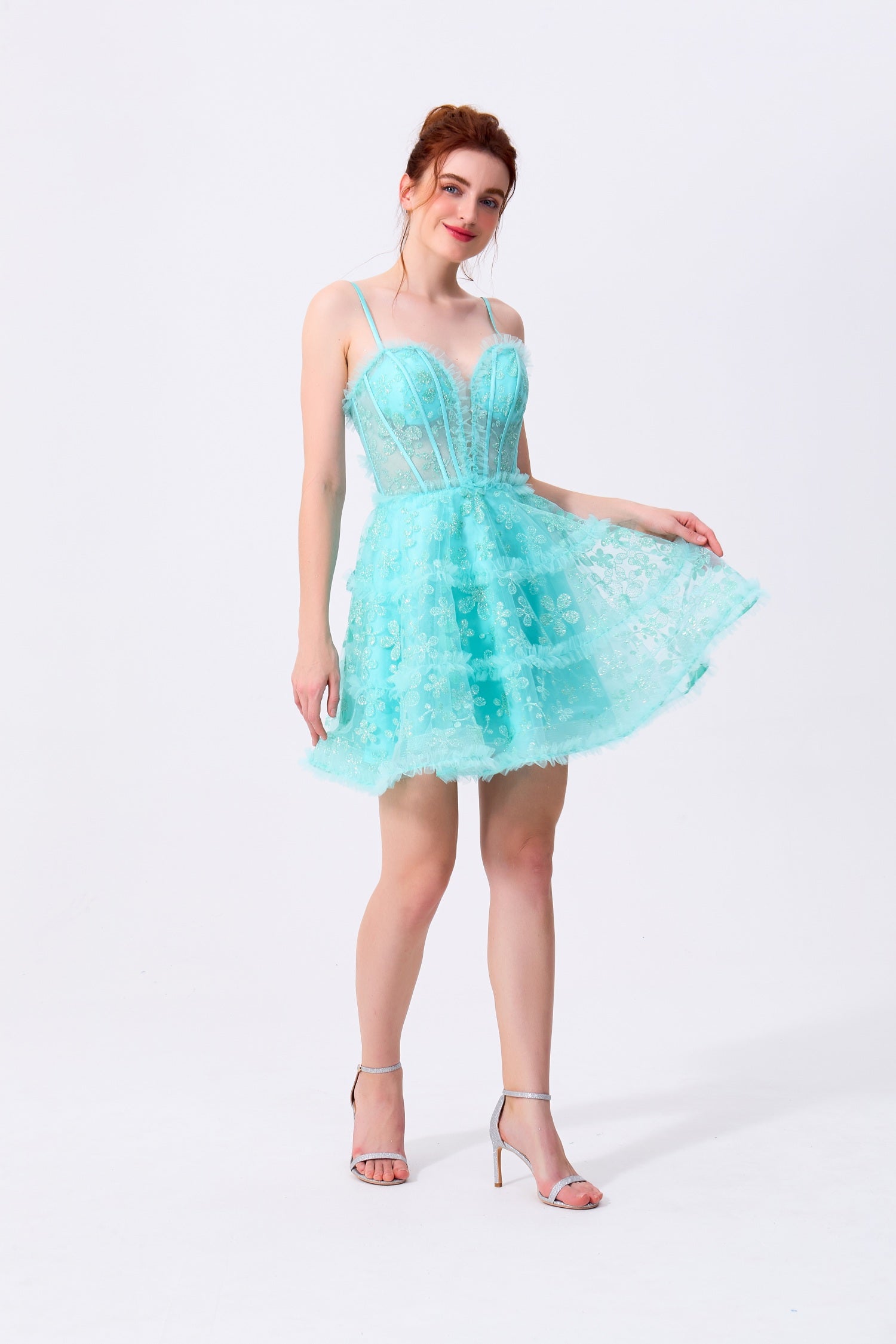 Mint Green Glitter Tulle A-Line Sweetheart Lace-Up Back Above Knee Dress Front View - Almudear