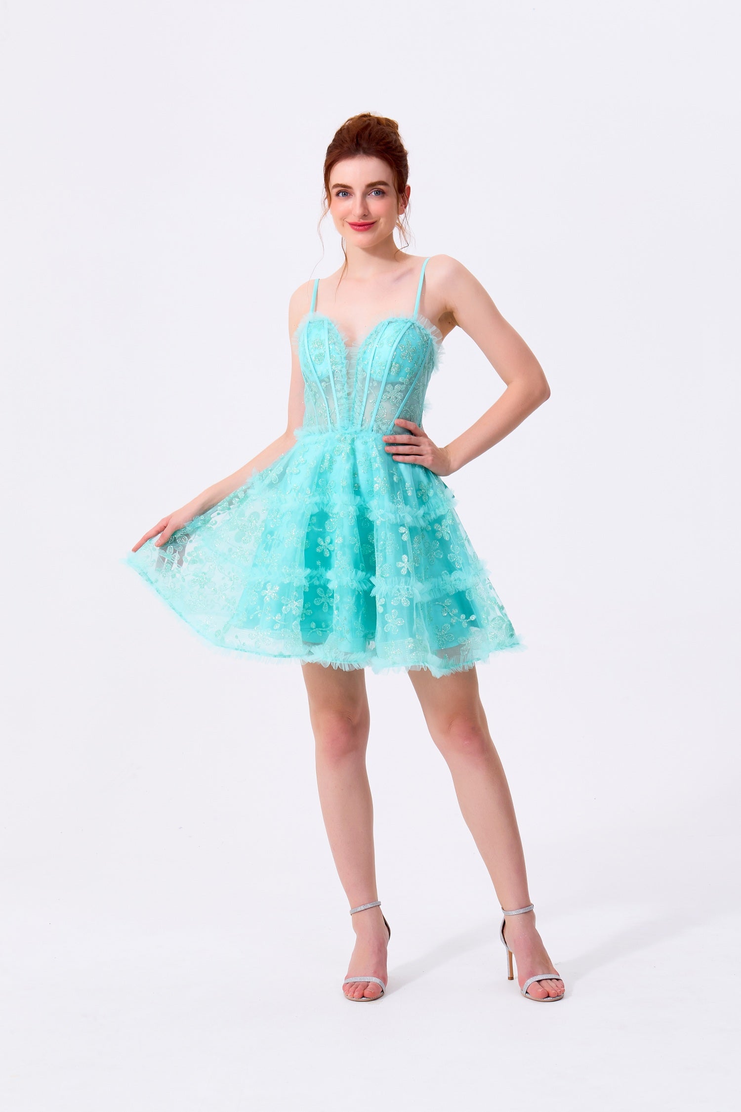 Mint Green Glitter Tulle A-Line Sweetheart Lace-Up Back Above Knee Dress - Almudear