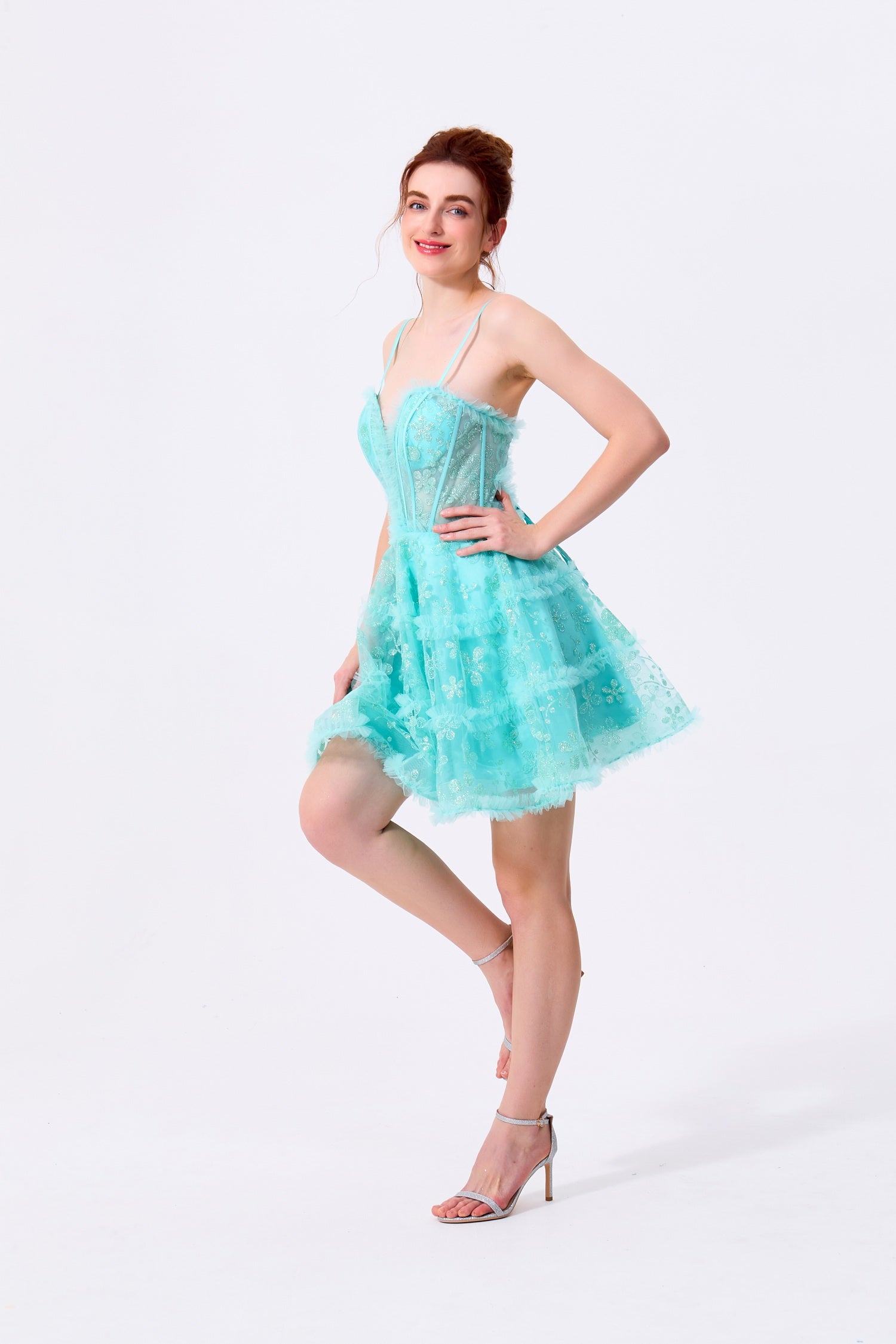 Mint Green Glitter Tulle A-Line Sweetheart Lace-Up Back Above Knee Dress - Almudear