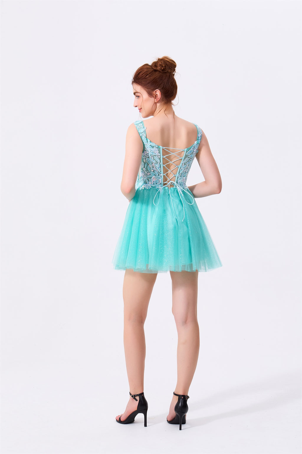 Mint Green Glitter Tulle & Lace A-Line V-Neck Lace-Up Back Mini Dress Back View - Almudear