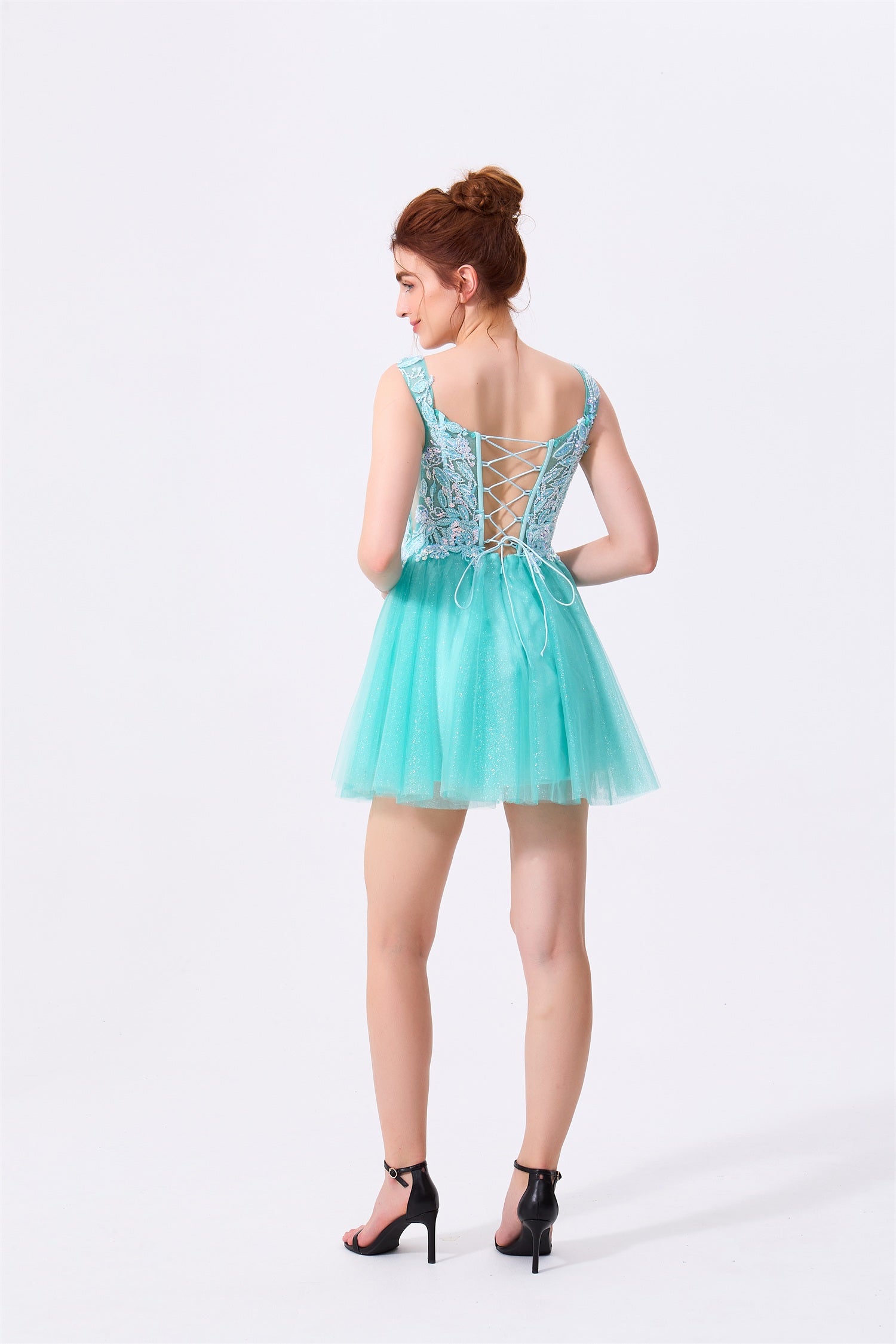 Mint Green Glitter Tulle & Lace A-Line V-Neck Lace-Up Back Mini Dress Back View - Almudear