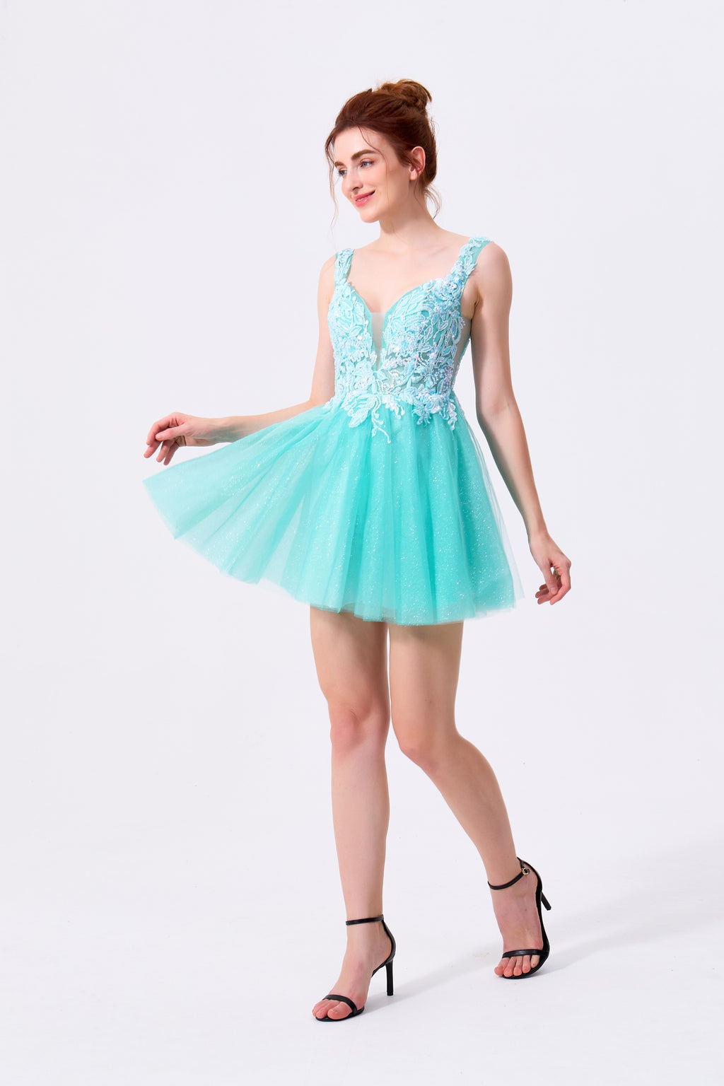 Mint Green Glitter Tulle & Lace A-Line V-Neck Lace-Up Back Mini Dress Front View - Almudear