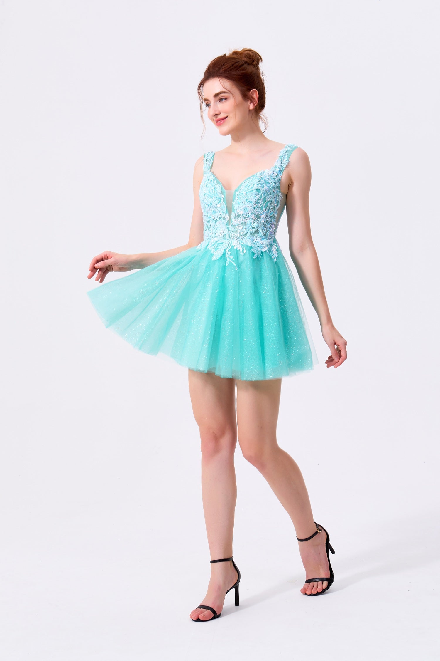 Mint Green Glitter Tulle & Lace A-Line V-Neck Lace-Up Back Mini Dress Front View - Almudear