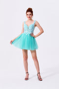 Mint Green Glitter Tulle & Lace A-Line V-Neck Lace-Up Back Mini Dress - Almudear