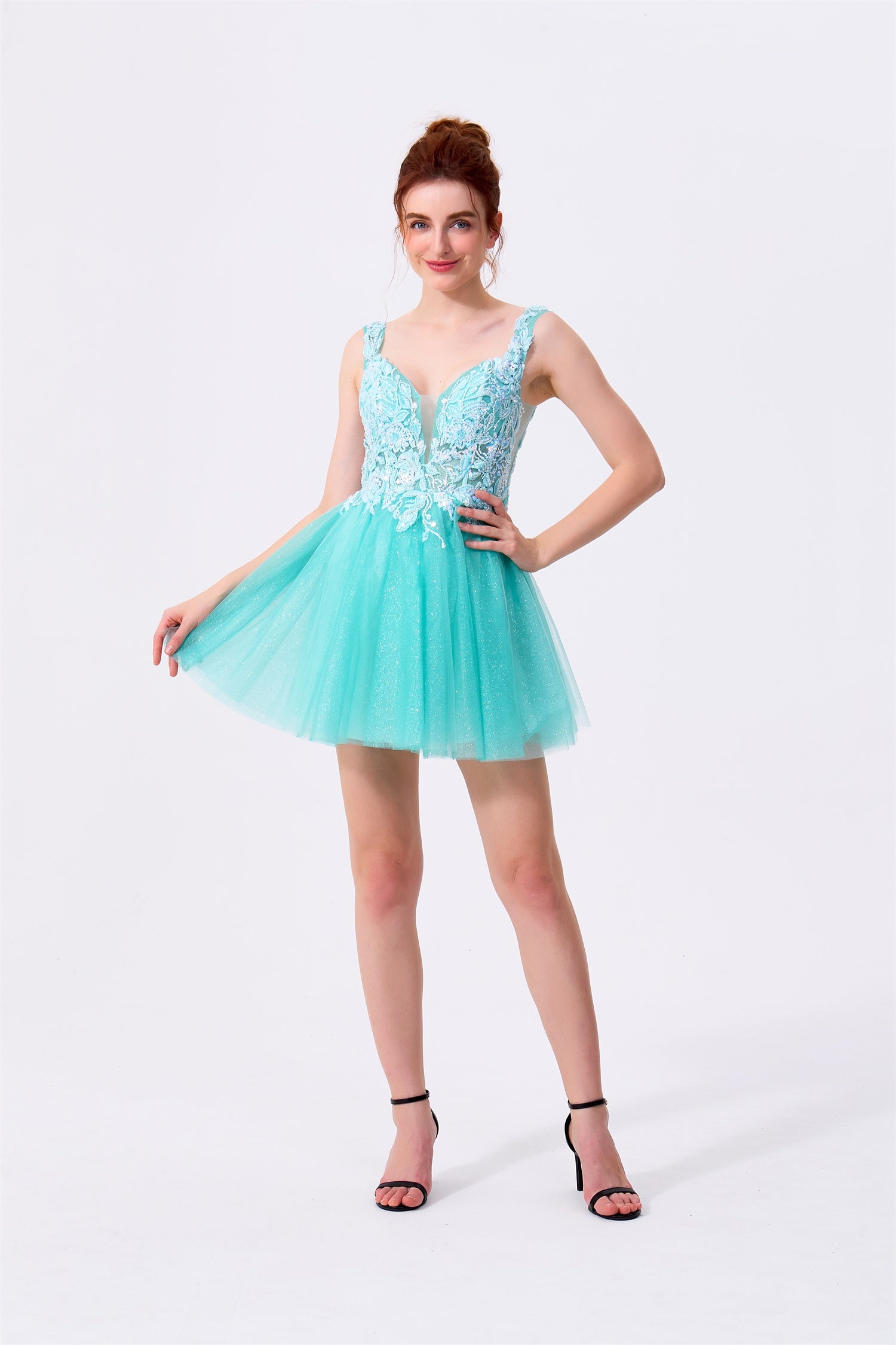 Mint Green Glitter Tulle & Lace A-Line V-Neck Lace-Up Back Mini Dress - Almudear