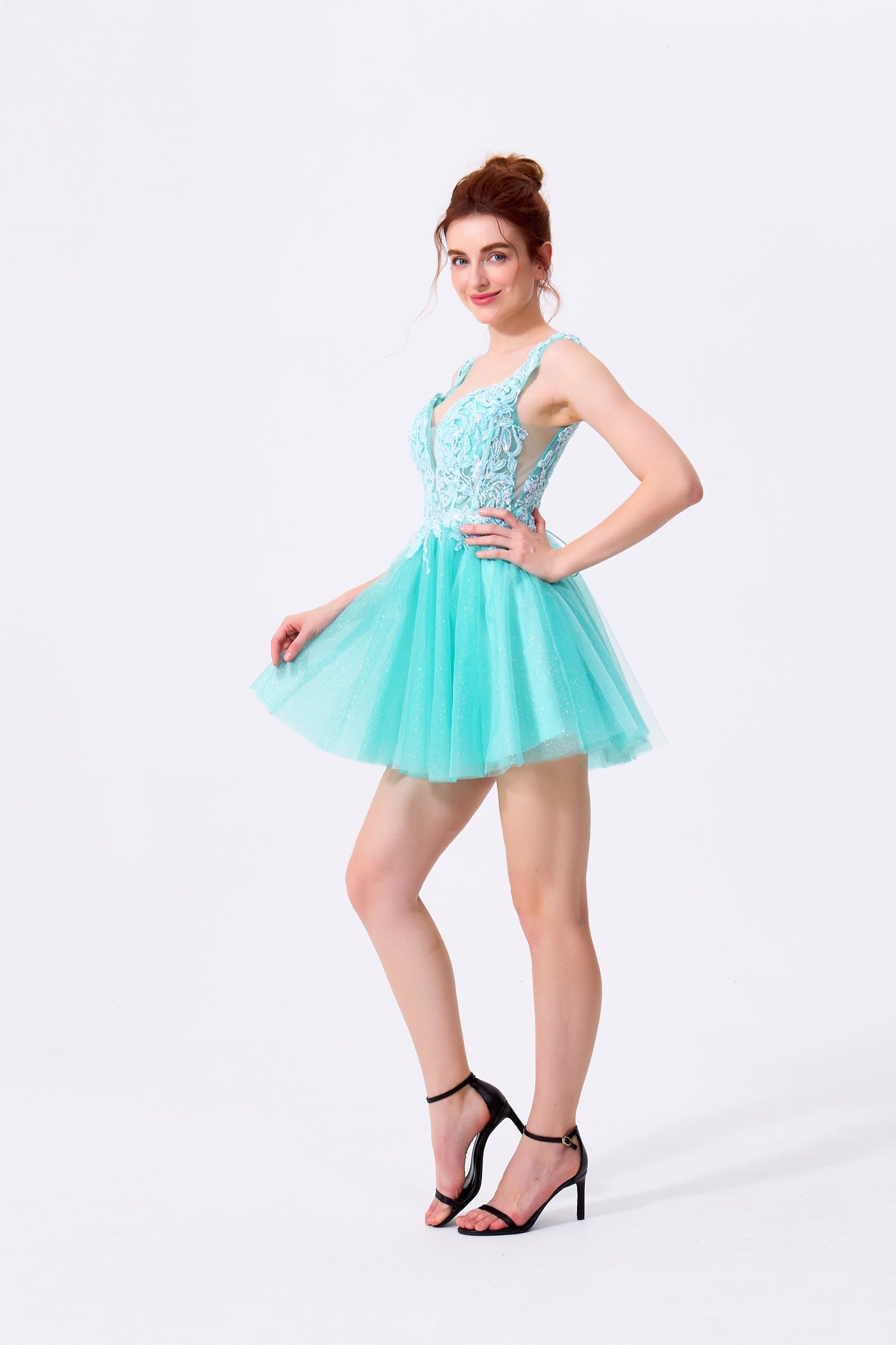 Mint Green Glitter Tulle & Lace A-Line V-Neck Lace-Up Back Mini Dress - Almudear