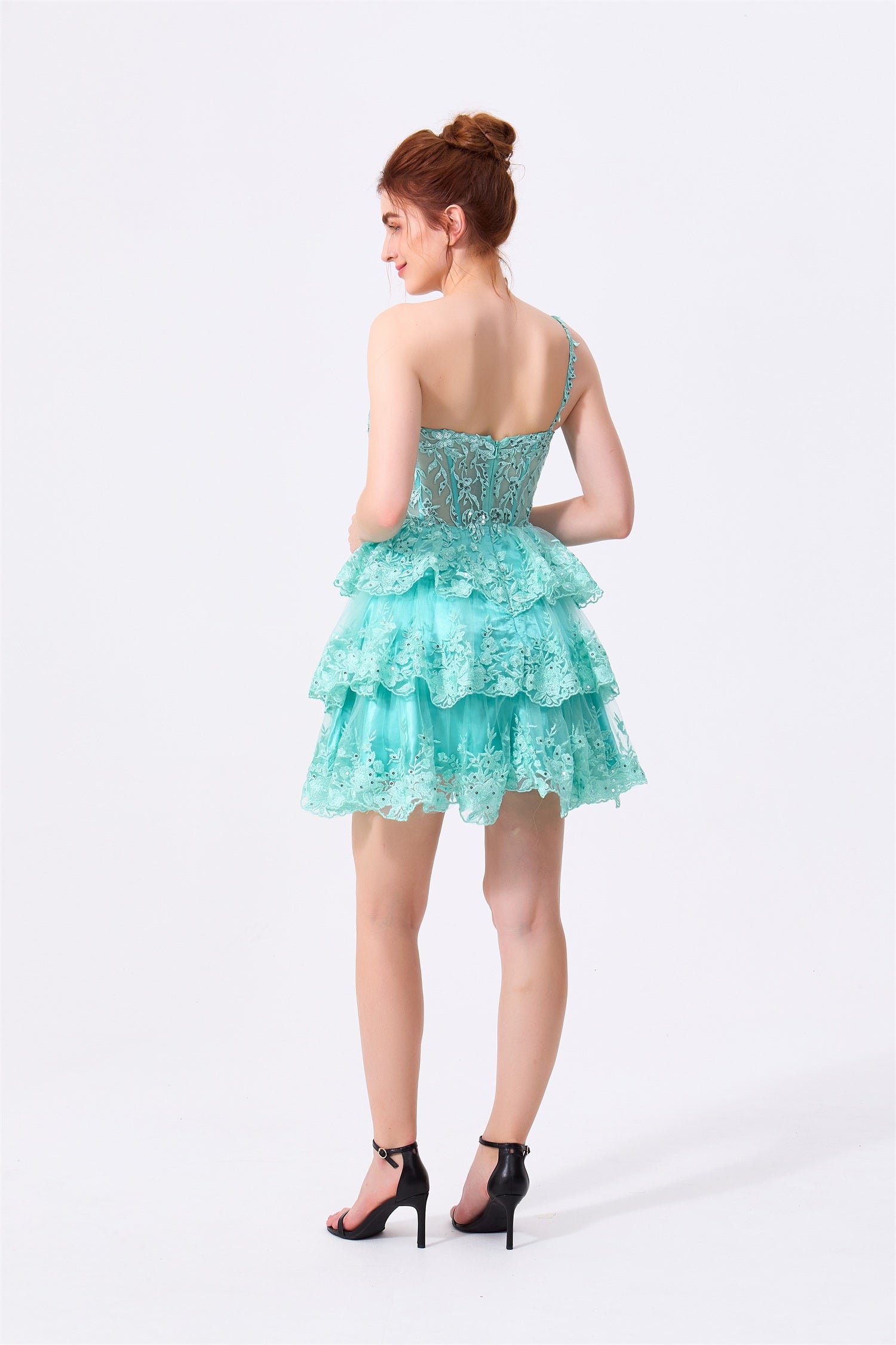 Mint Green Lace and Tulle Tiered One Shoulder Zipper Back Above Knee Dress Back View - Almudear