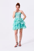 Mint Green Lace and Tulle Tiered One Shoulder Zipper Back Above Knee Dress Front View - Almudear