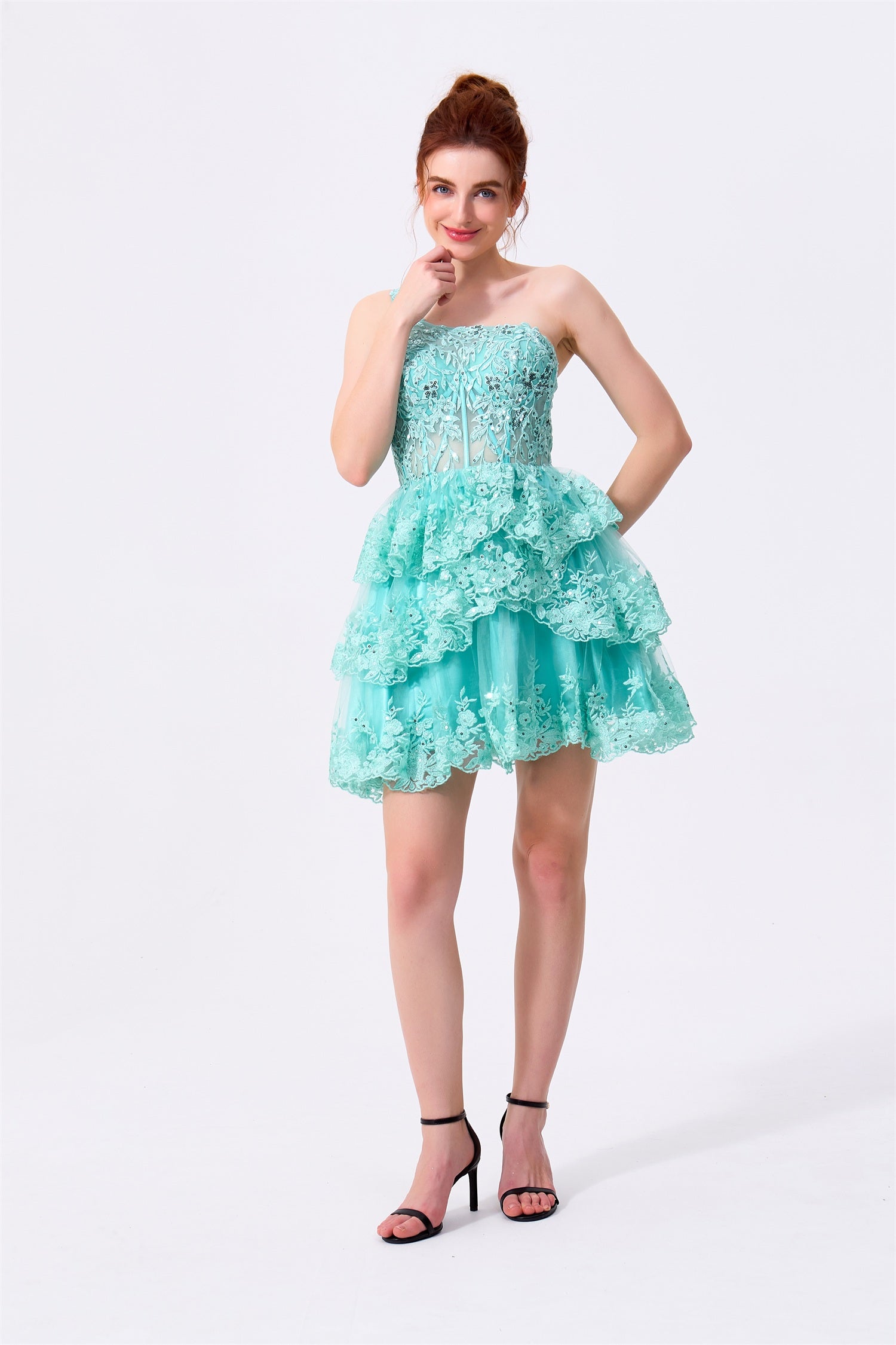Mint Green Lace and Tulle Tiered One Shoulder Zipper Back Above Knee Dress Front View - Almudear