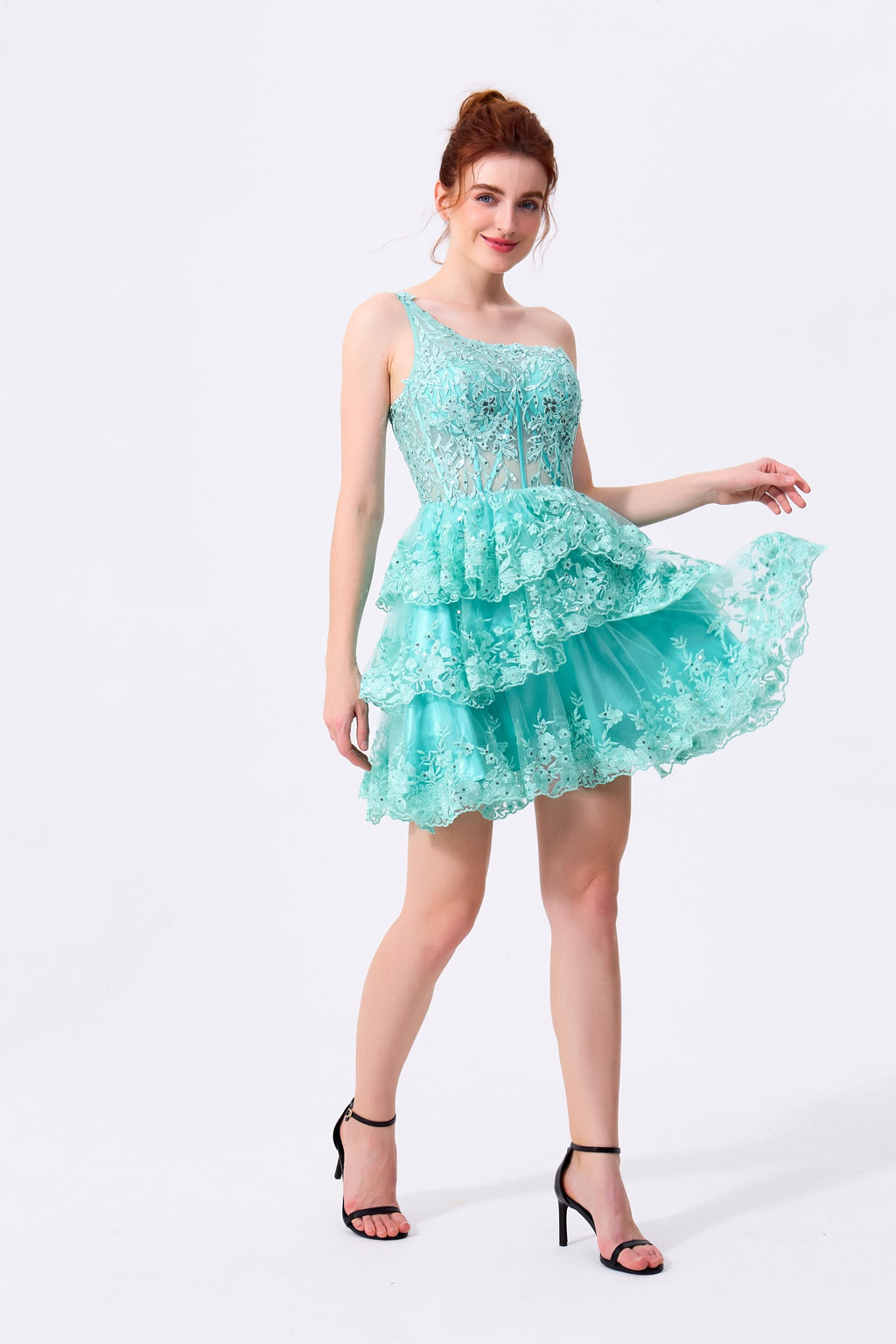Mint Green Lace and Tulle Tiered One Shoulder Zipper Back Above Knee Dress - Almudear