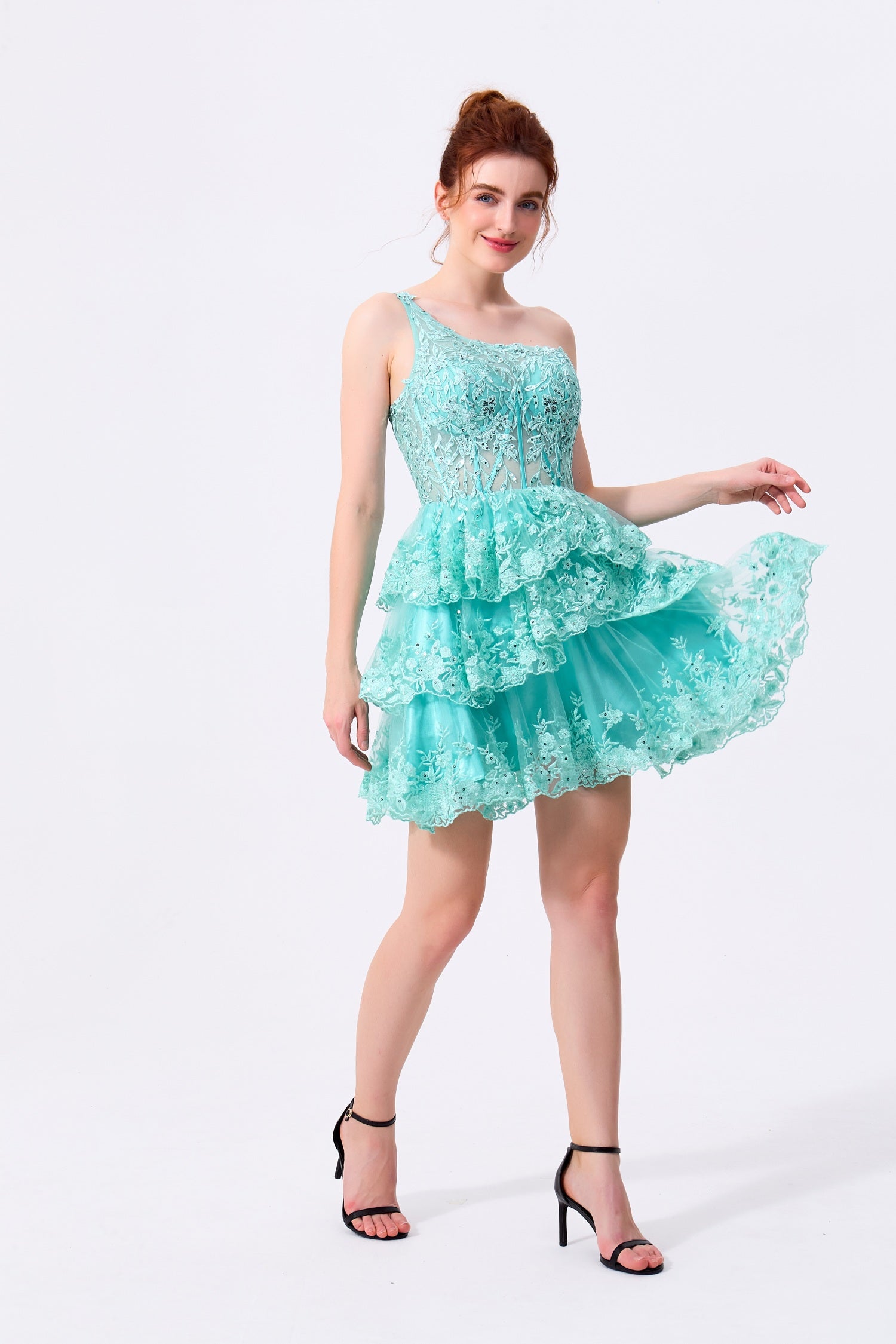 Mint Green Lace and Tulle Tiered One Shoulder Zipper Back Above Knee Dress - Almudear