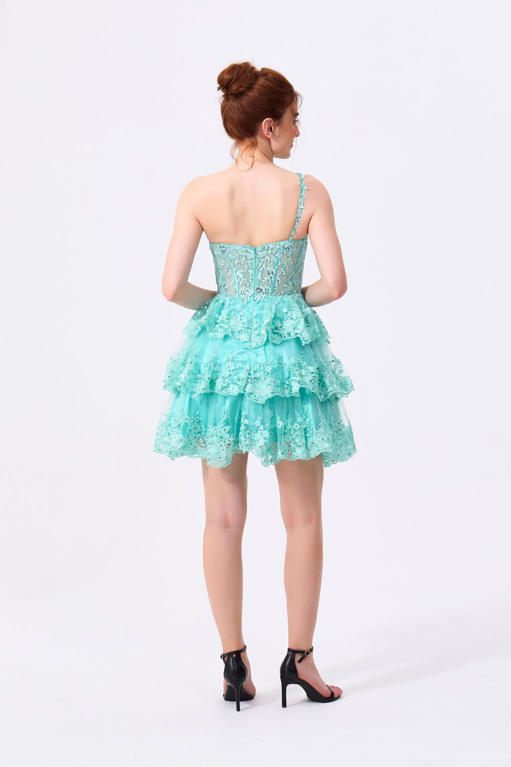 Mint Green Lace and Tulle Tiered One Shoulder Zipper Back Above Knee Dress - Almudear
