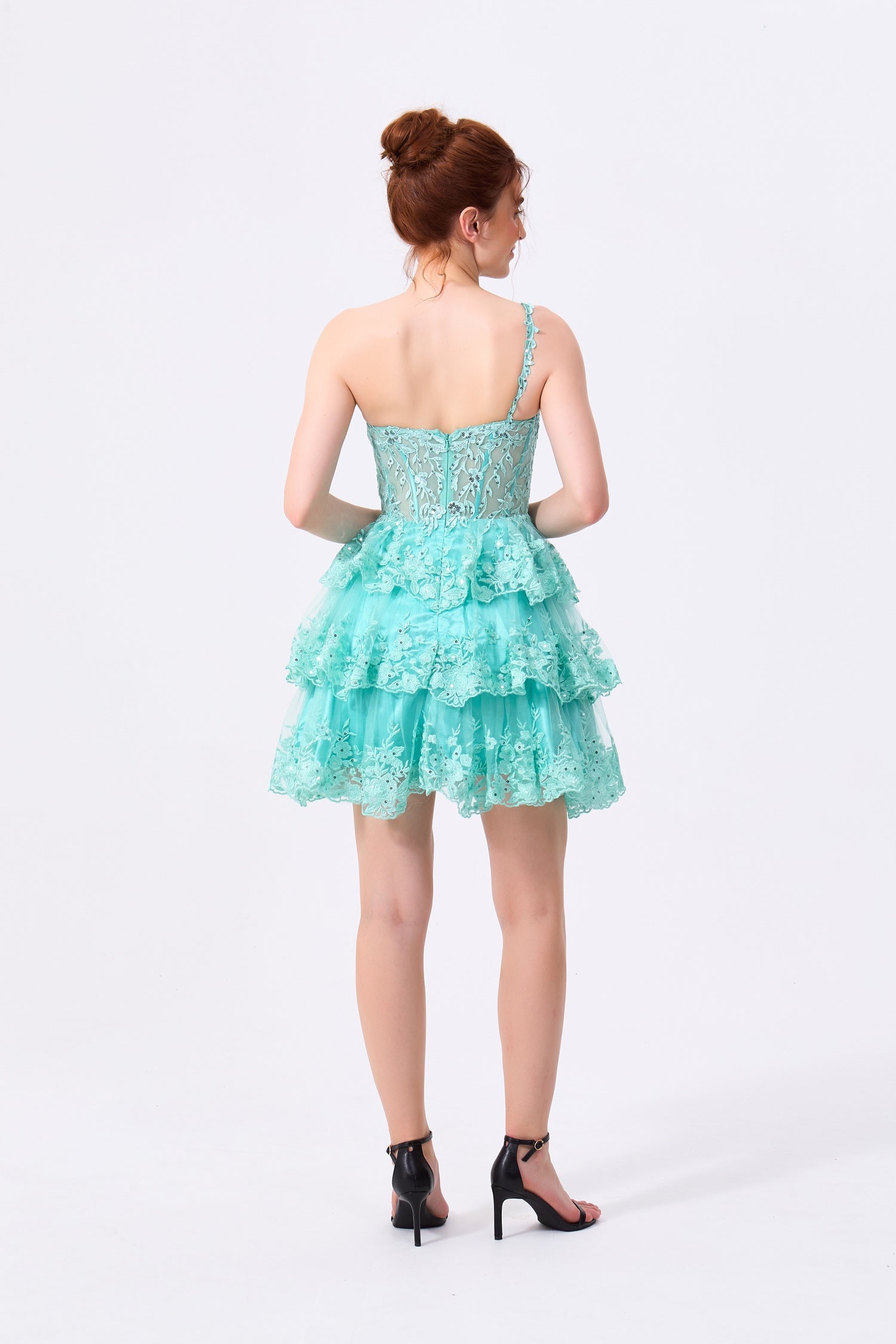 Mint Green Lace and Tulle Tiered One Shoulder Zipper Back Above Knee Dress - Almudear