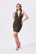 Multicolor Sequin Sequin Mesh Bodycon Plunging V-Neck Open Back Mini Dress Front View - Almudear