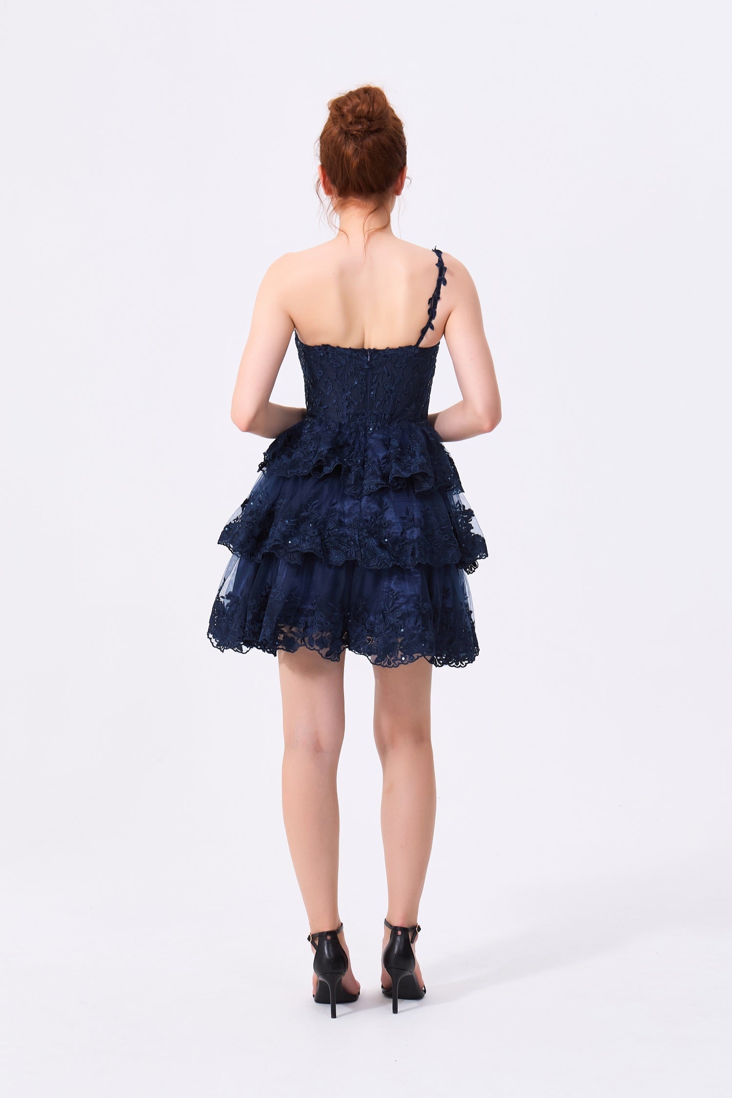 Navy Blue Lace and Tulle A-Line One Shoulder Zipper Back Above Knee Dress Back View - Almudear