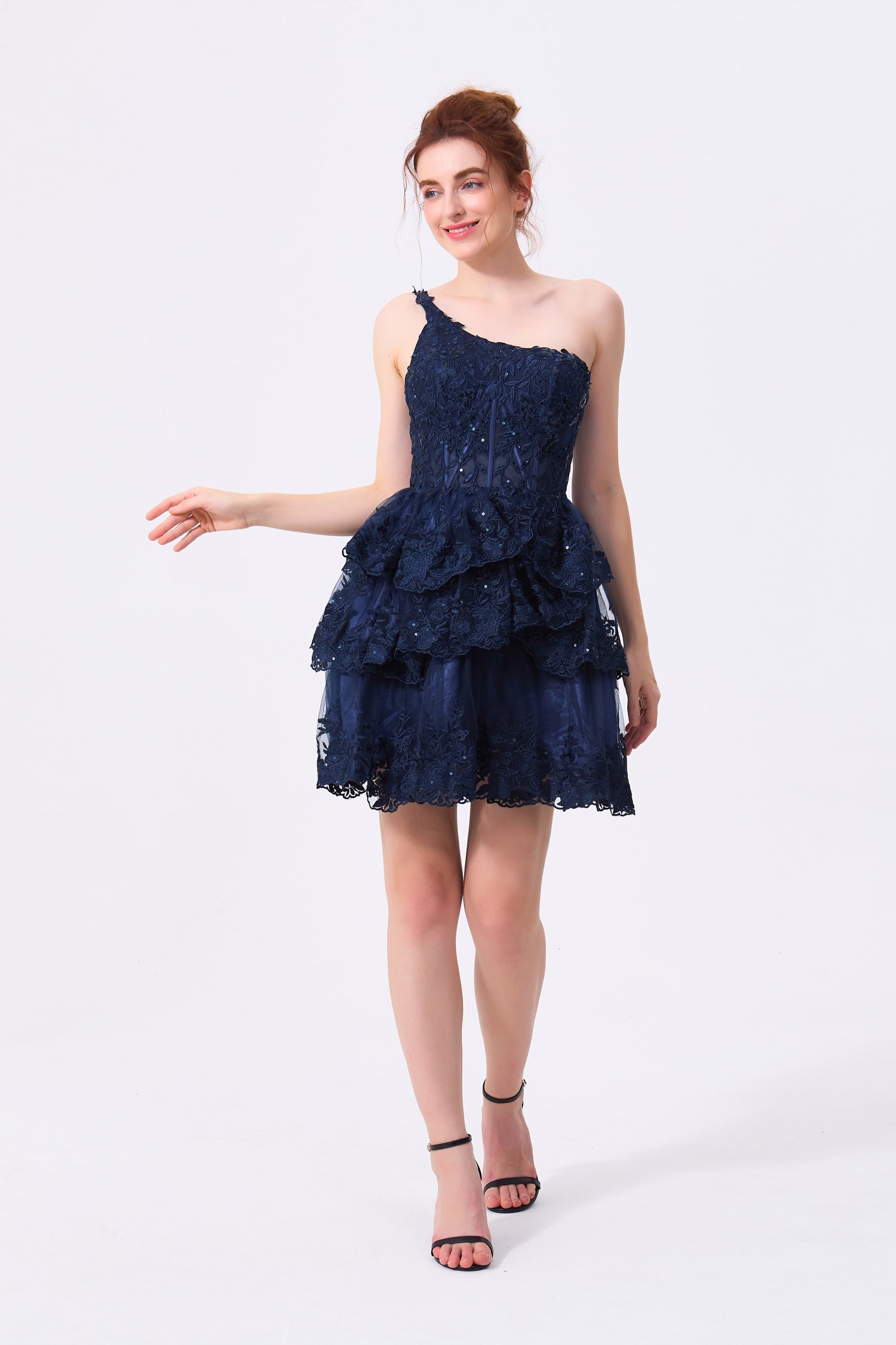 Navy Blue Lace and Tulle A-Line One Shoulder Zipper Back Above Knee Dress Front View - Almudear