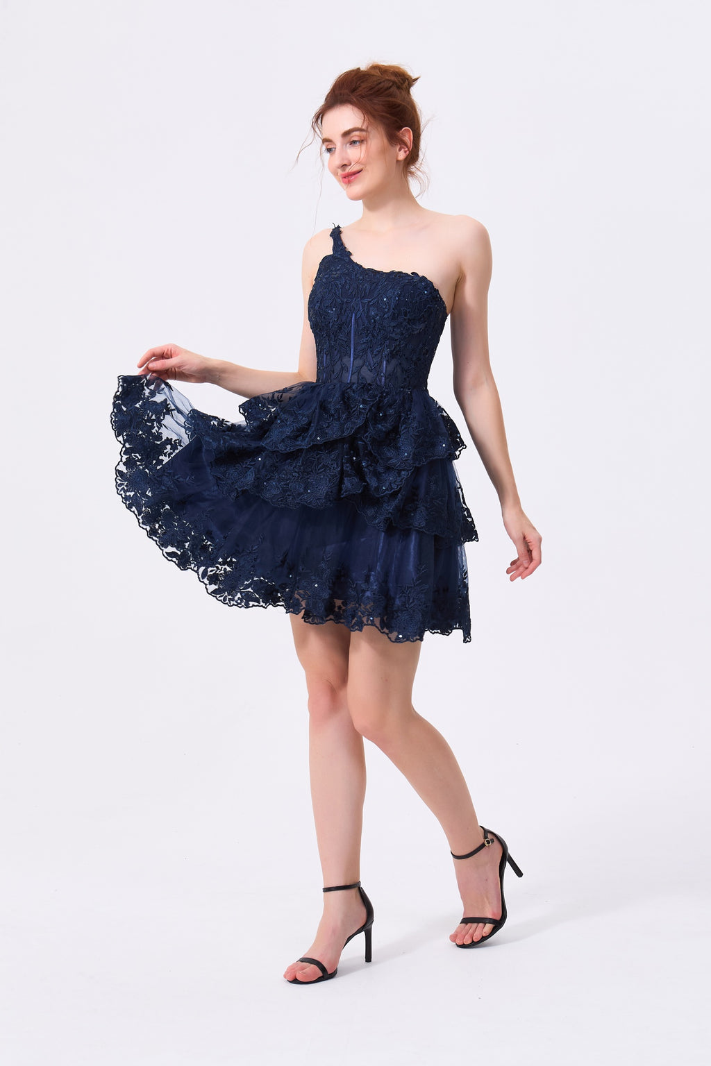 Navy Blue Lace and Tulle A-Line One Shoulder Zipper Back Above Knee Dress - Almudear
