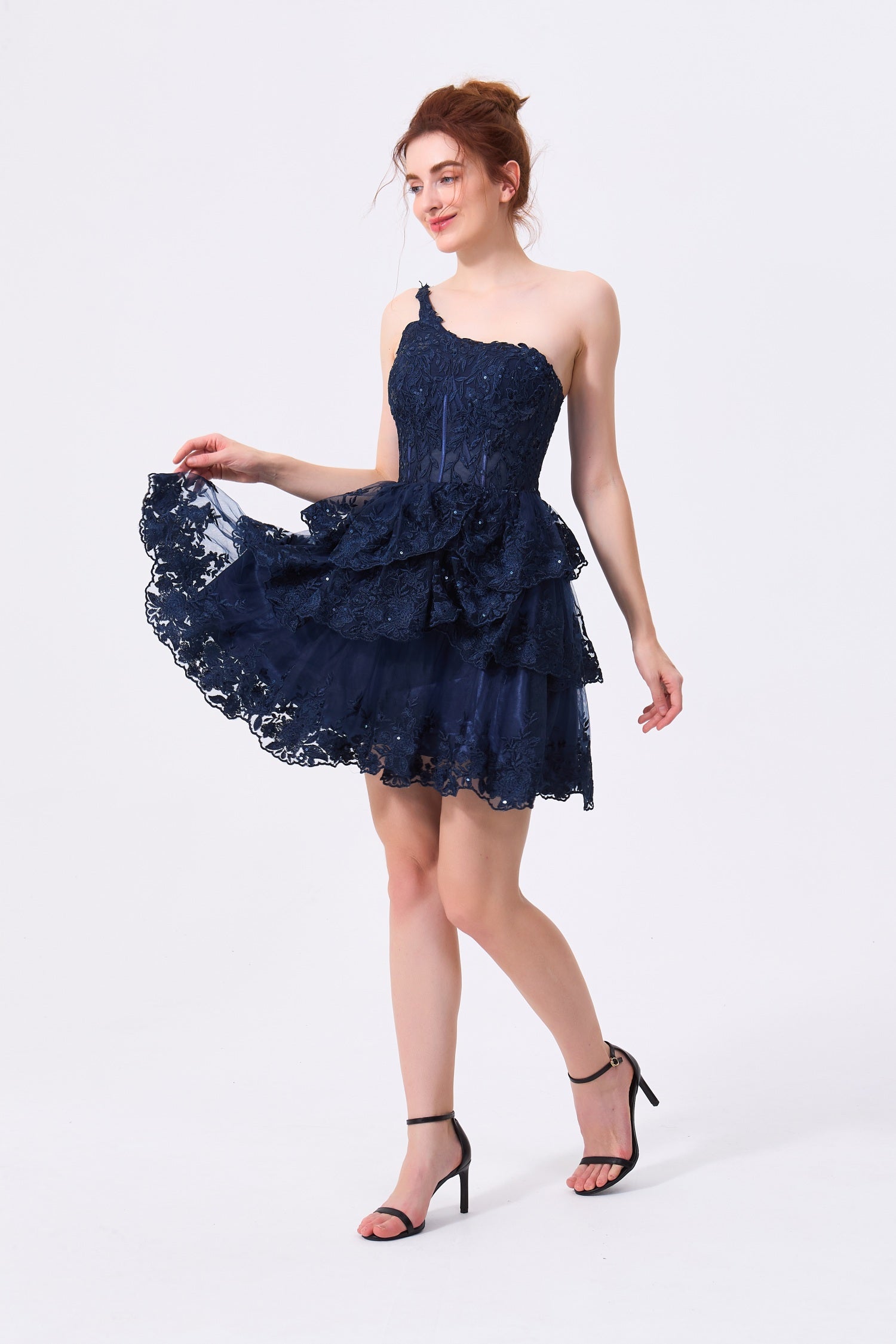 Navy Blue Lace and Tulle A-Line One Shoulder Zipper Back Above Knee Dress - Almudear