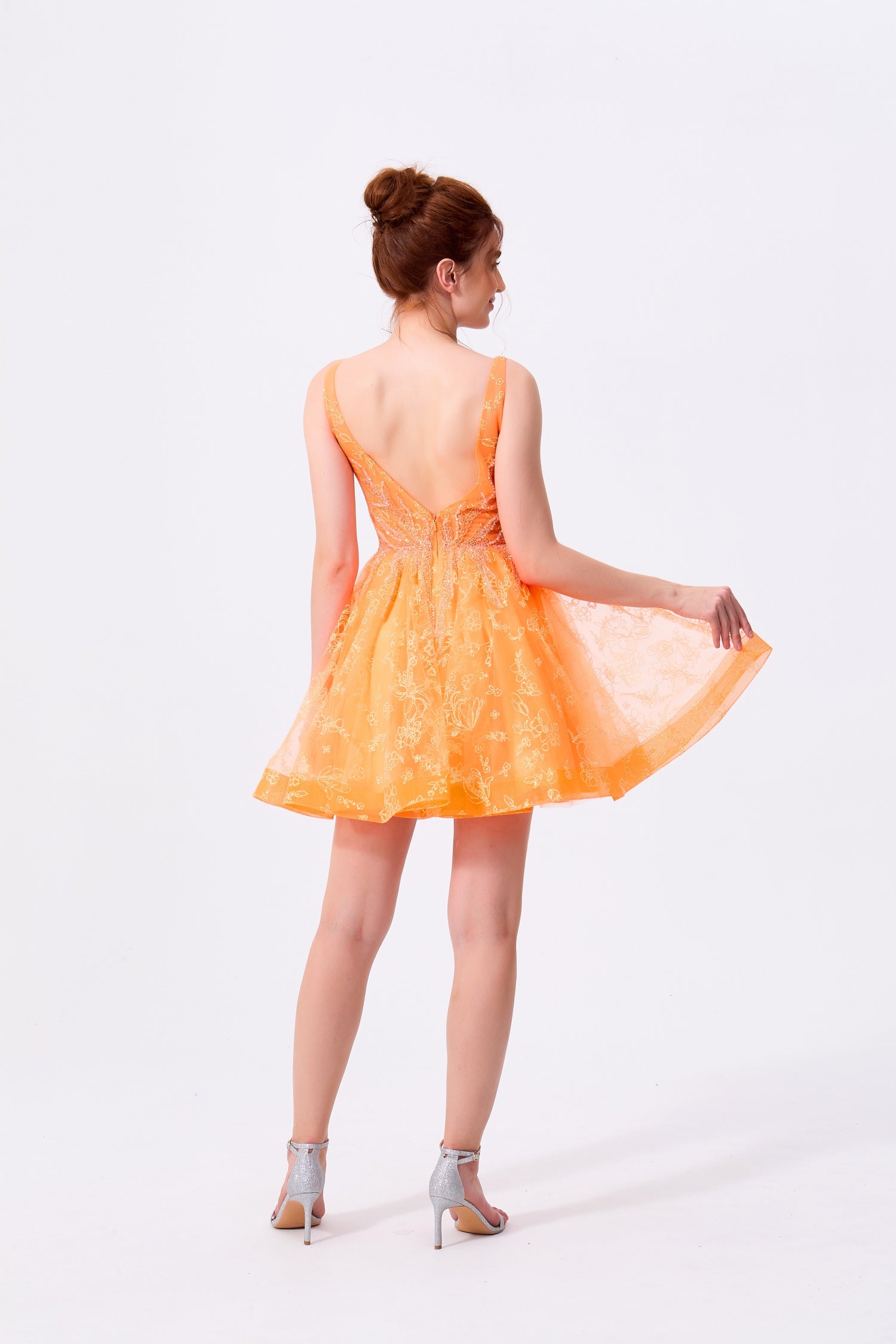 Orange Tulle A-Line V-Neck Low V-Back Above Knee Dress Back View - Almudear