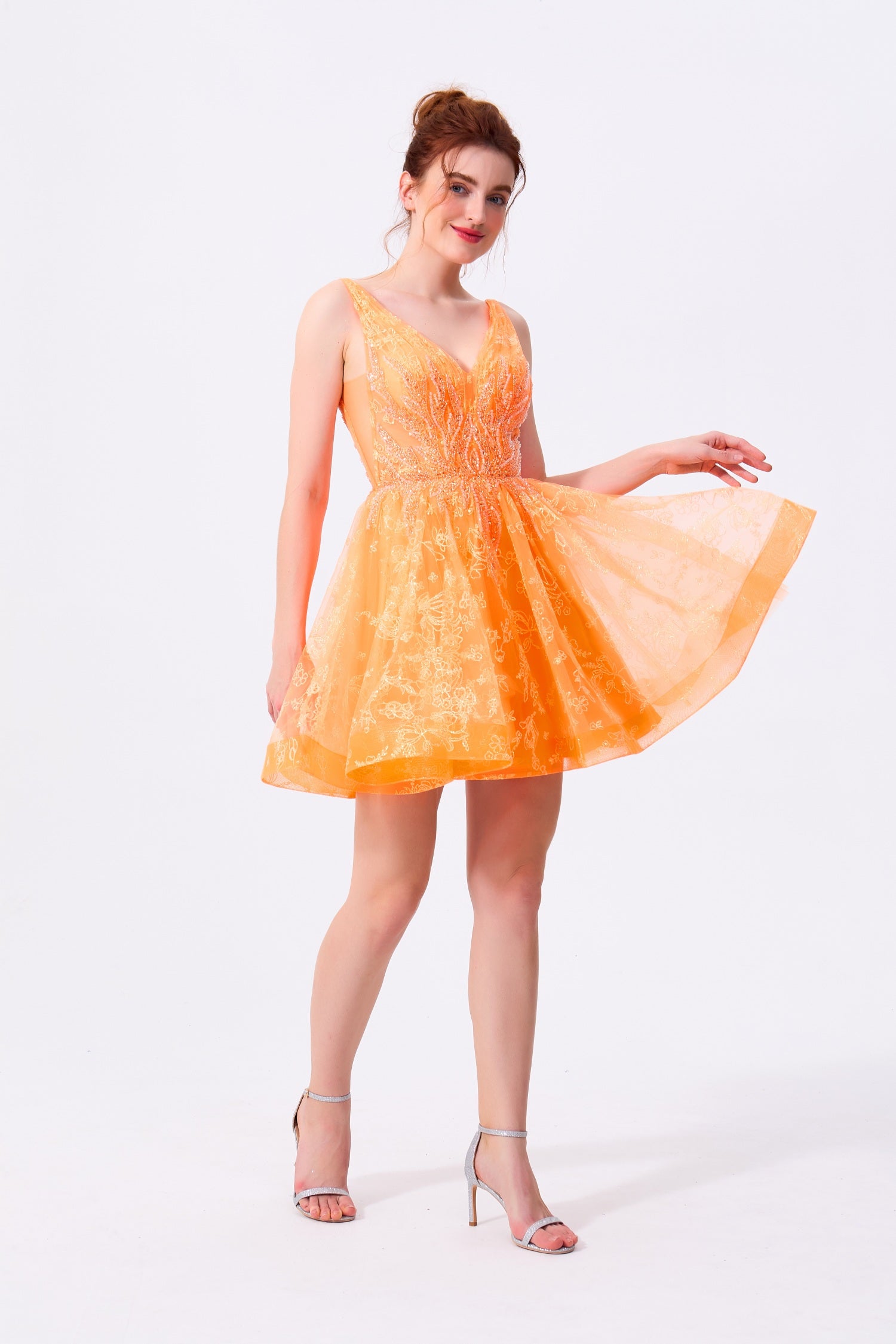 Orange Tulle A-Line V-Neck Low V-Back Above Knee Dress Front View - Almudear