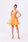 Orange Tulle A-Line V-Neck Low V-Back Above Knee Dress - Almudear