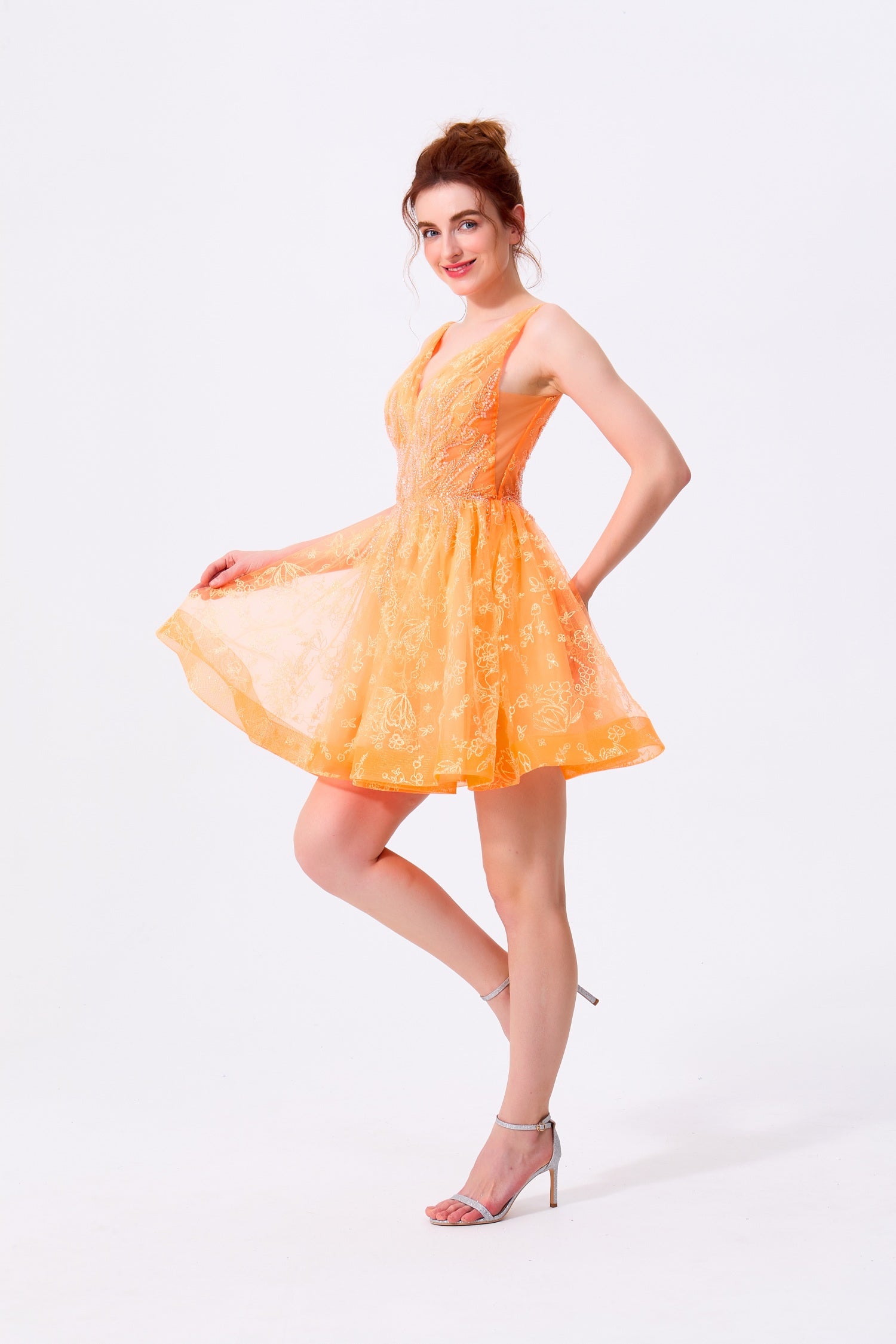 Orange Tulle A-Line V-Neck Low V-Back Above Knee Dress - Almudear