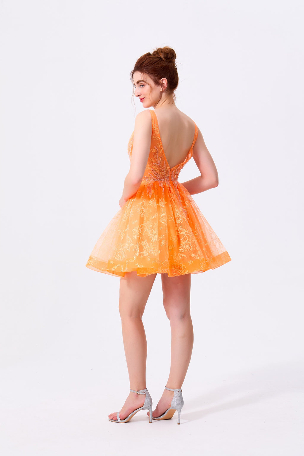 Orange Tulle A-Line V-Neck Low V-Back Above Knee Dress - Almudear