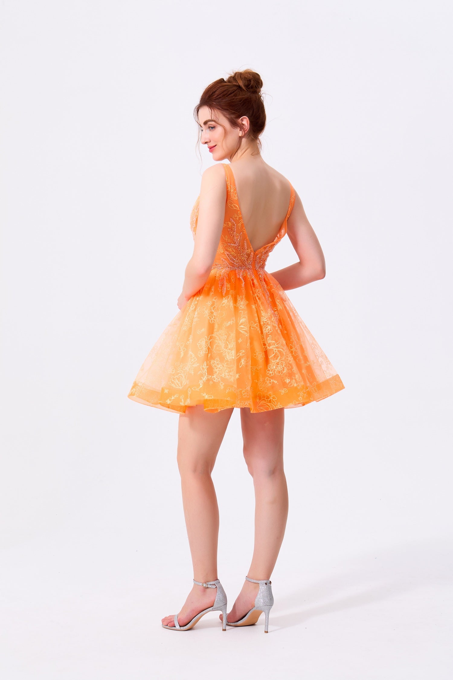 Orange Tulle A-Line V-Neck Low V-Back Above Knee Dress - Almudear