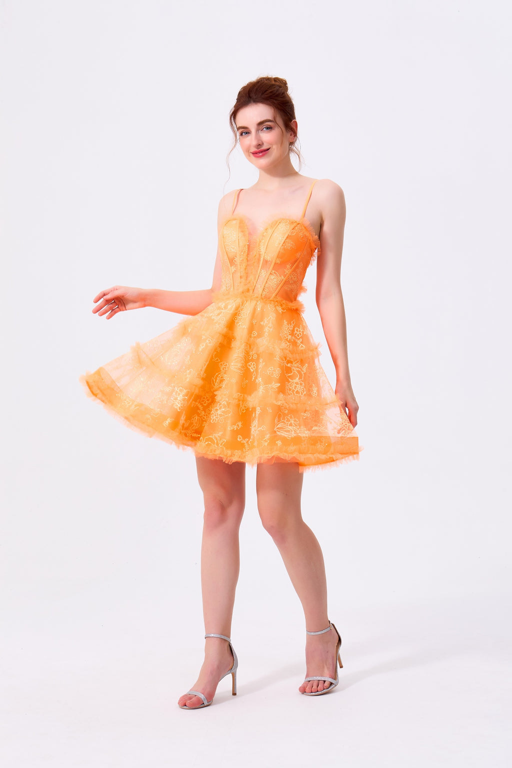Orange Tulle and Lace A-Line Sweetheart Lace-Up Back Mini Dress Front View - Almudear