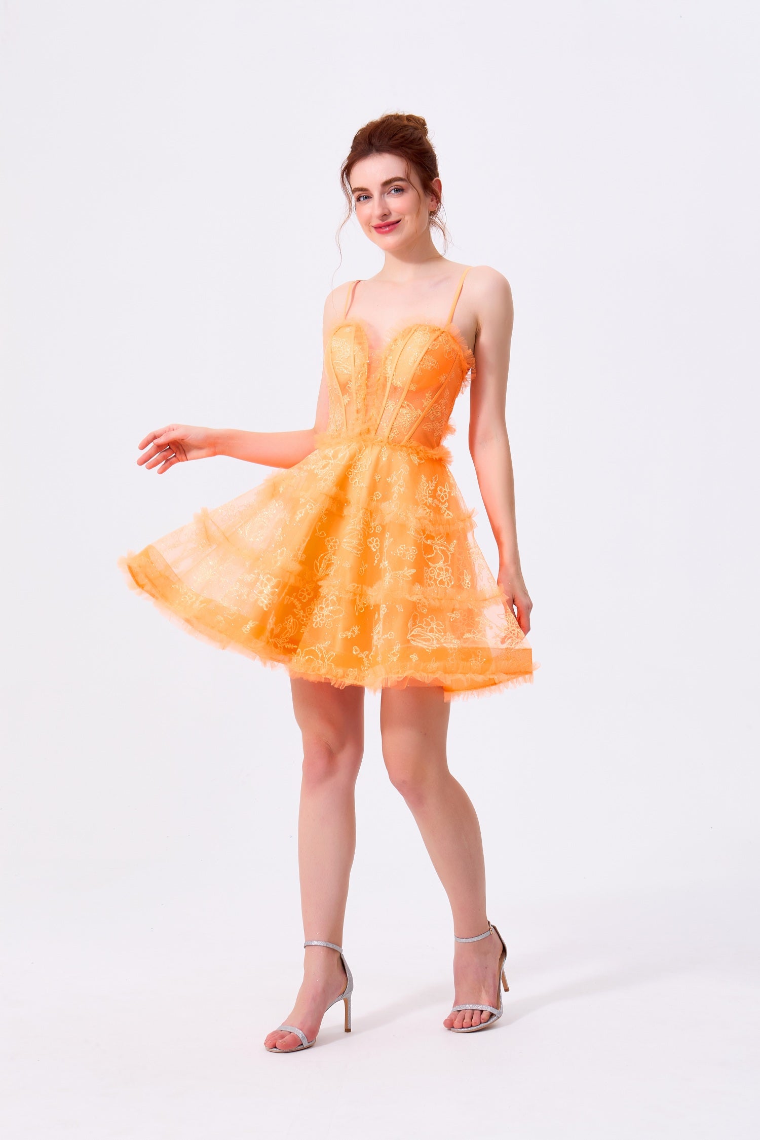 Orange Tulle and Lace A-Line Sweetheart Lace-Up Back Mini Dress Front View - Almudear