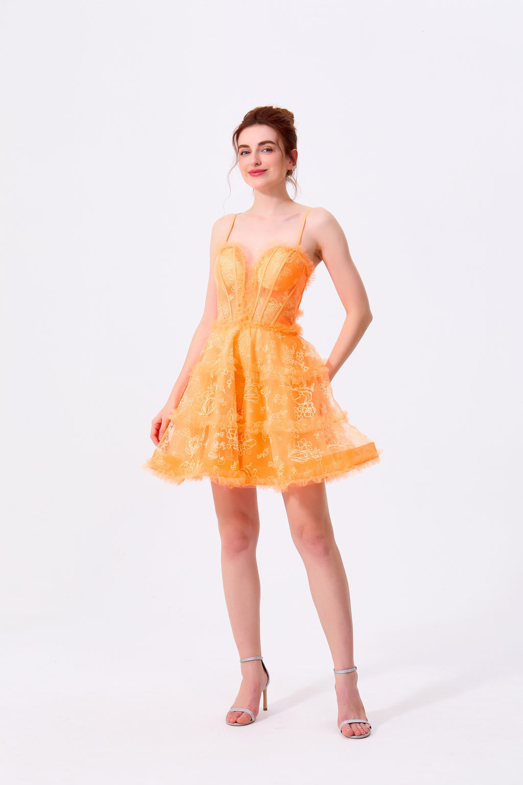 Orange Tulle and Lace A-Line Sweetheart Lace-Up Back Mini Dress - Almudear