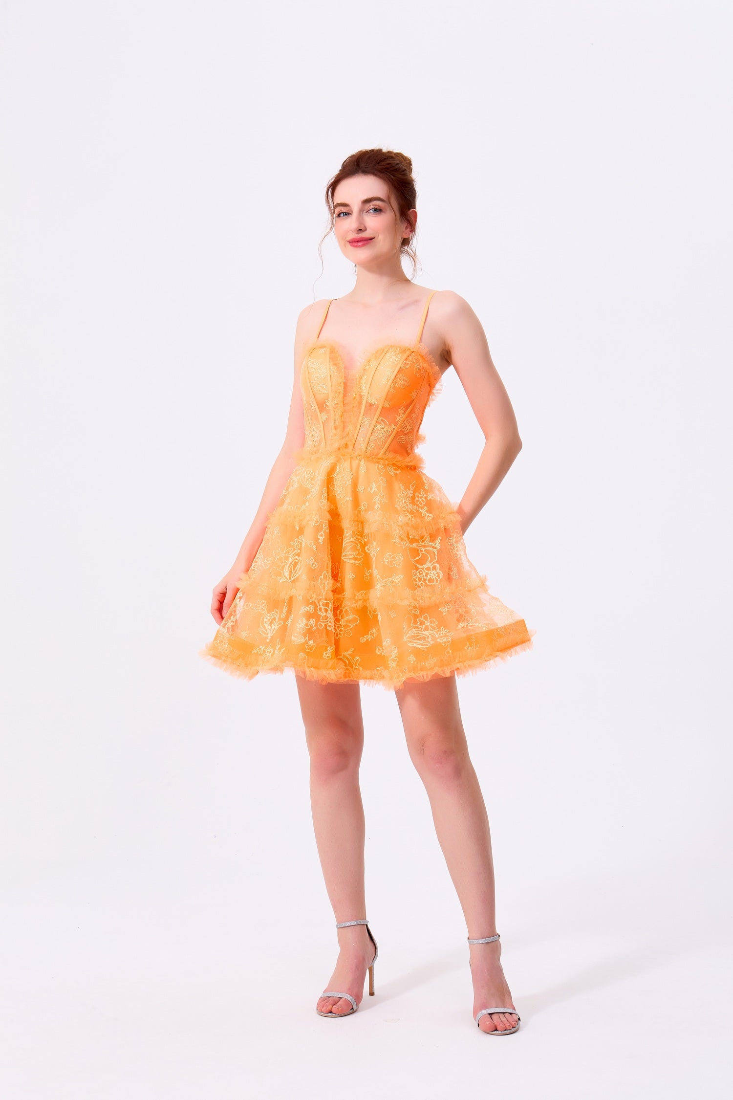 Orange Tulle and Lace A-Line Sweetheart Lace-Up Back Mini Dress - Almudear