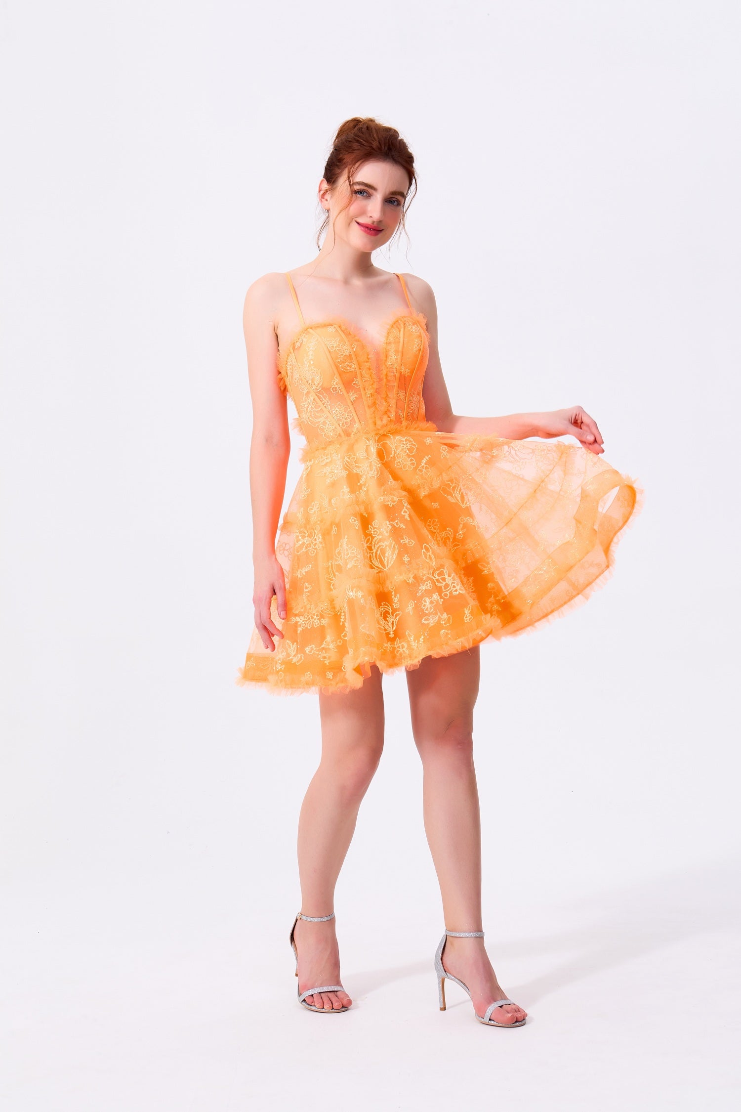Orange Tulle and Lace A-Line Sweetheart Lace-Up Back Mini Dress - Almudear