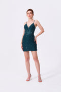 Peacock Sequin Bodycon V-Neck Lace-Up Back Mini Dress - Almudear
