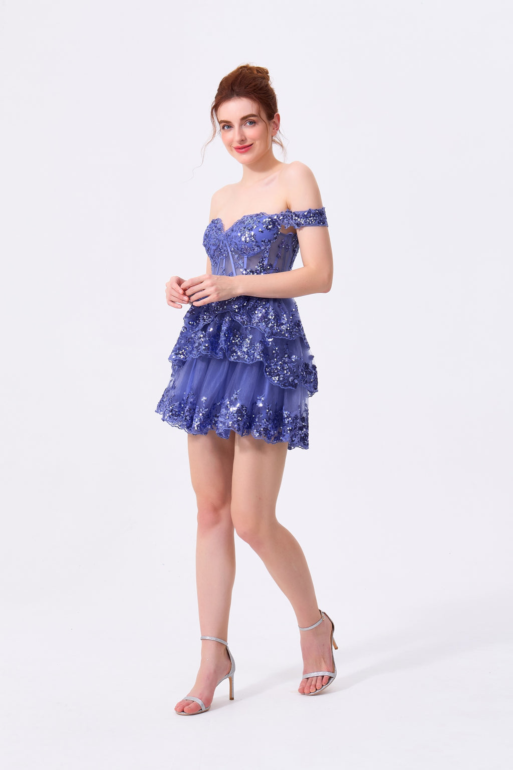 Periwinkle Blue Sequin Mesh A-Line Sweetheart V-Back Mini Dress - Almudear