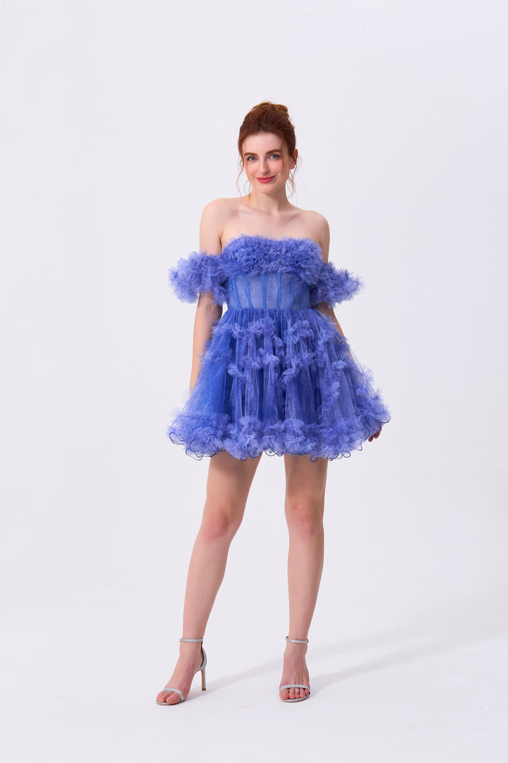 Periwinkle Blue Tulle A-Line Off-the-Shoulder Zipper Back Mini Dress - Almudear
