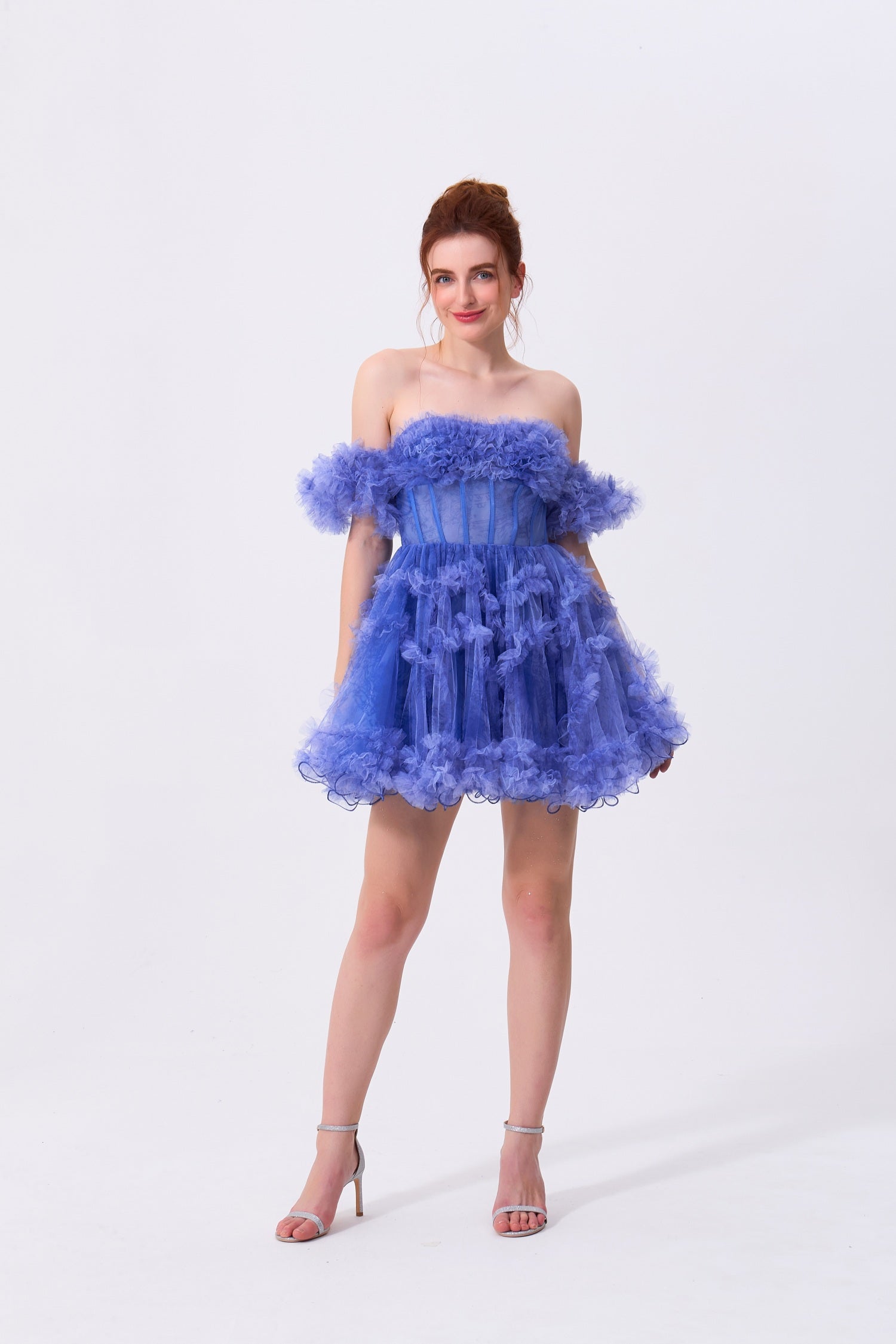 Periwinkle Blue Tulle A-Line Off-the-Shoulder Zipper Back Mini Dress - Almudear