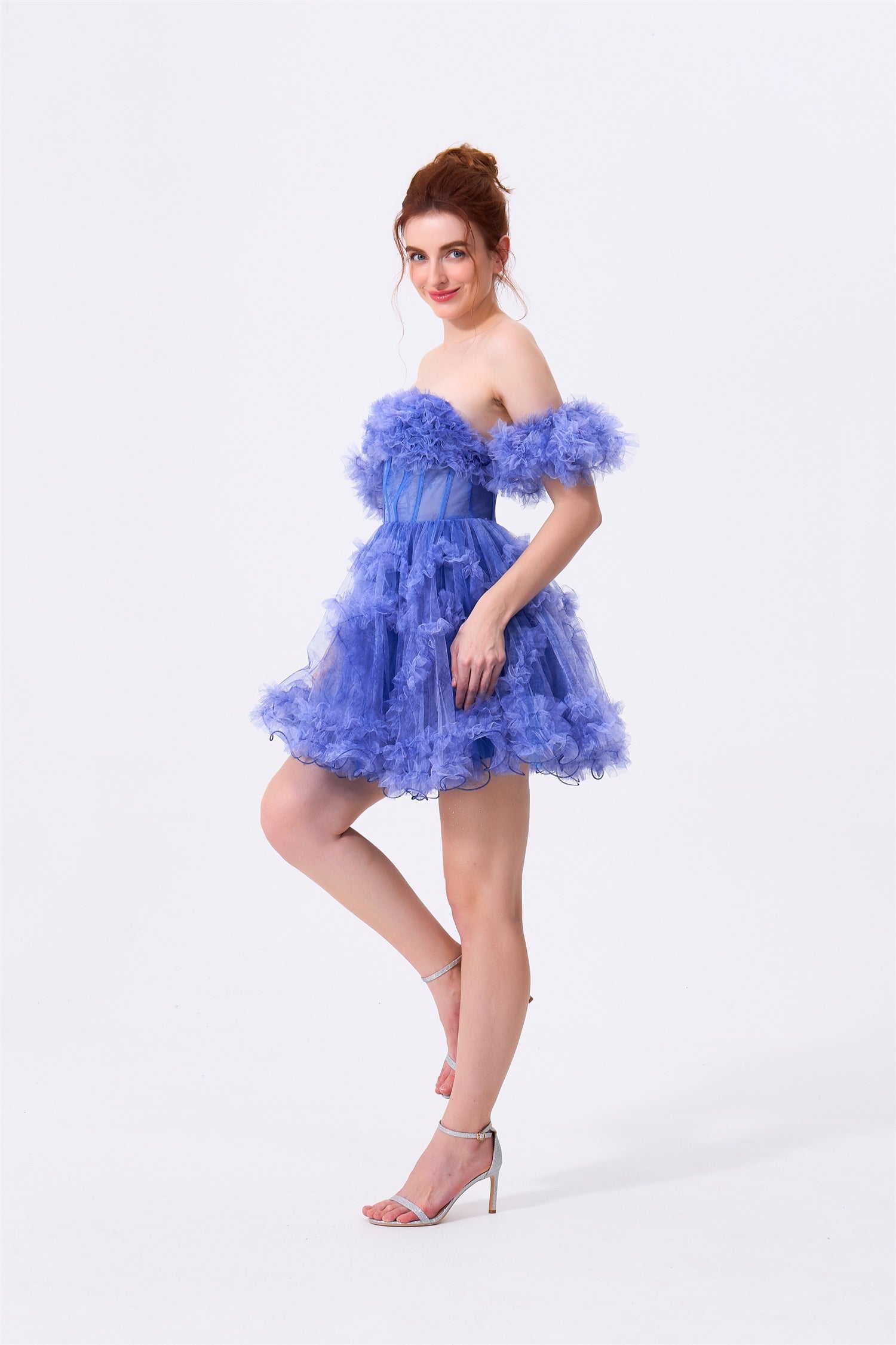 Periwinkle Blue Tulle A-Line Off-the-Shoulder Zipper Back Mini Dress - Almudear