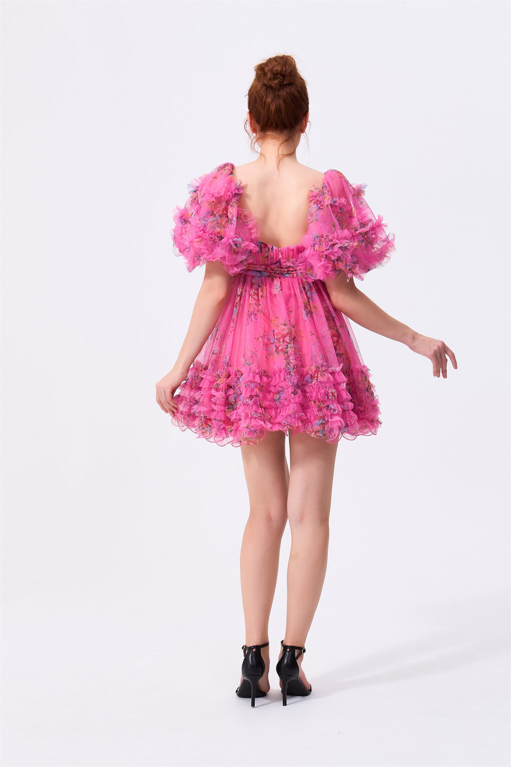 Pink Floral Tulle A-Line Sweetheart Low Back Mini Dress Back View - Almudear