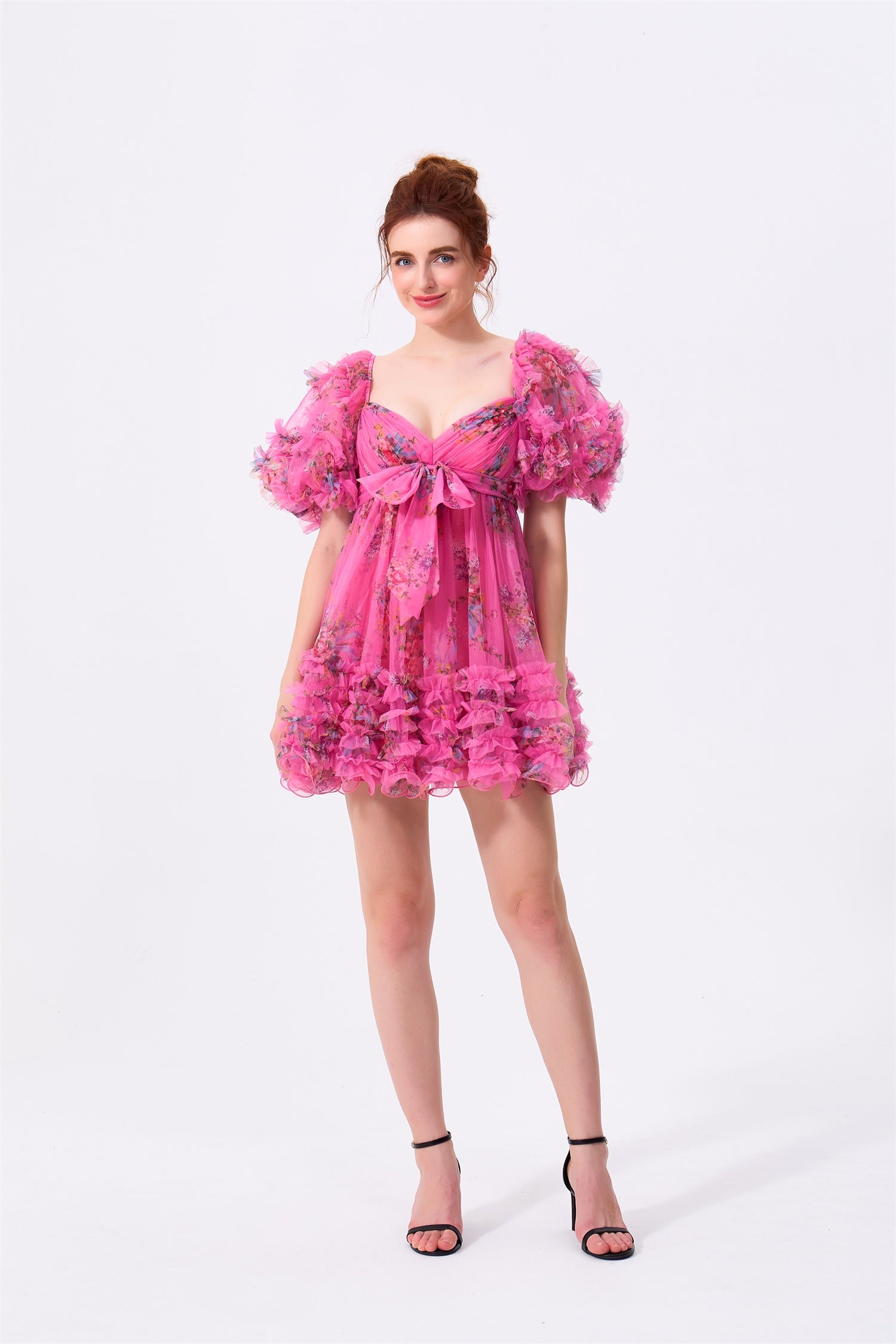 Pink Floral Tulle A-Line Sweetheart Low Back Mini Dress Front View - Almudear